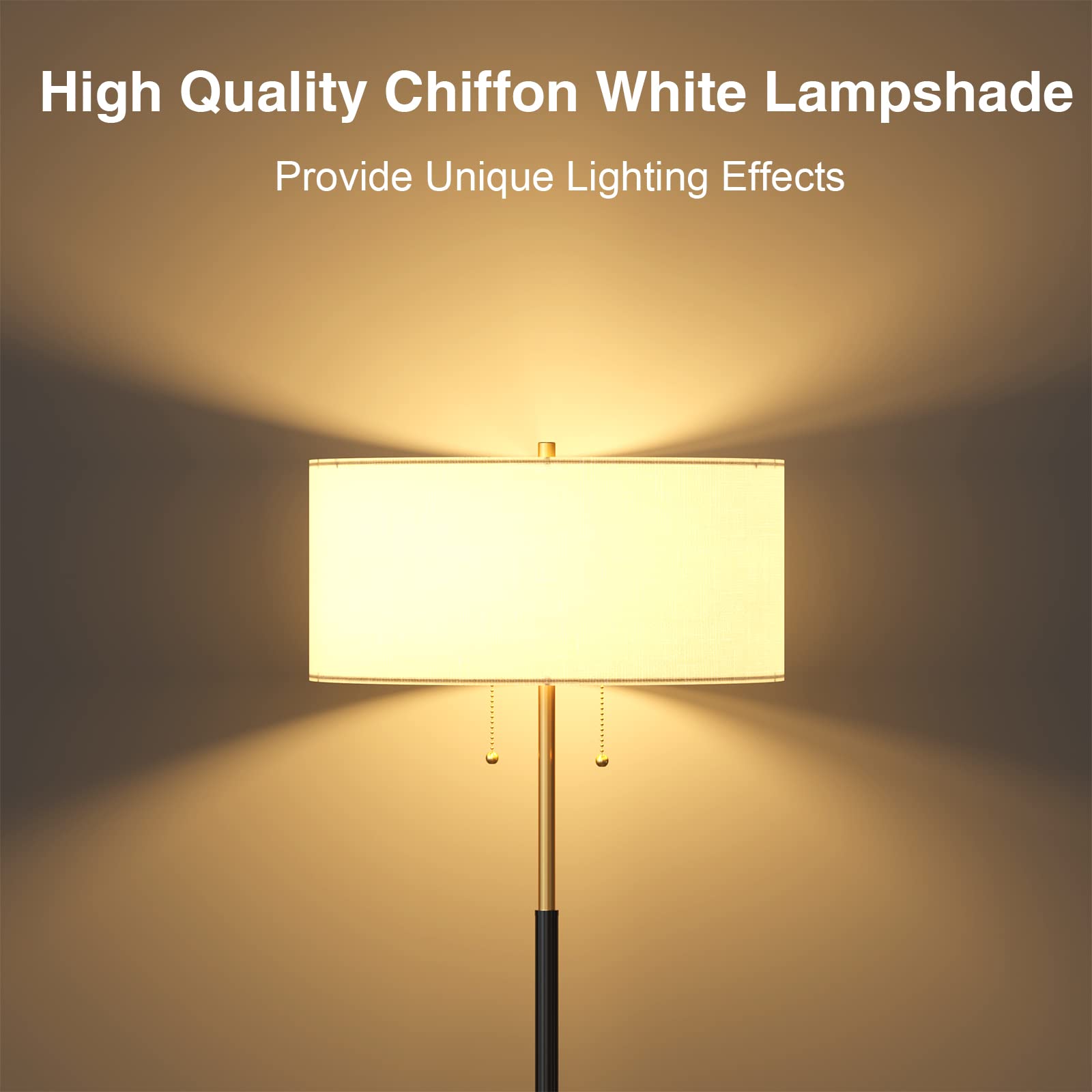 Karjoefar Mid Century Floor Lamp, 61in Black/Gold, Metal, White Fabric Shade, 3 Color Temperatures, Includes 9W Bulb