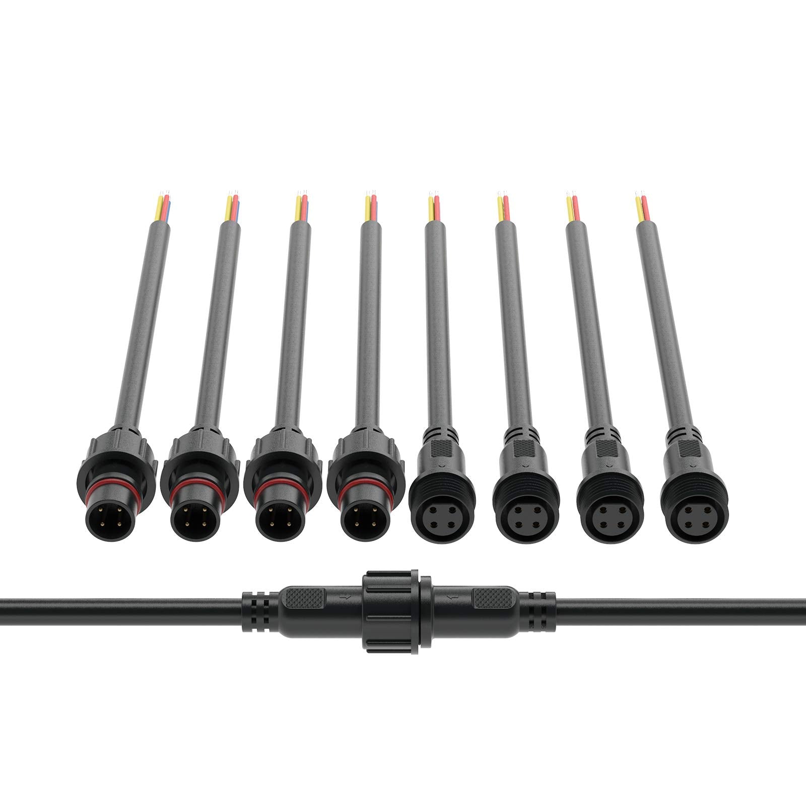 BTF-LIGHTING 4 Pin Electrical Connector Male Female 20AWG IP65 7.87in Extension Cable for Car Truck Boat LED Strip Lights WP4PINBB