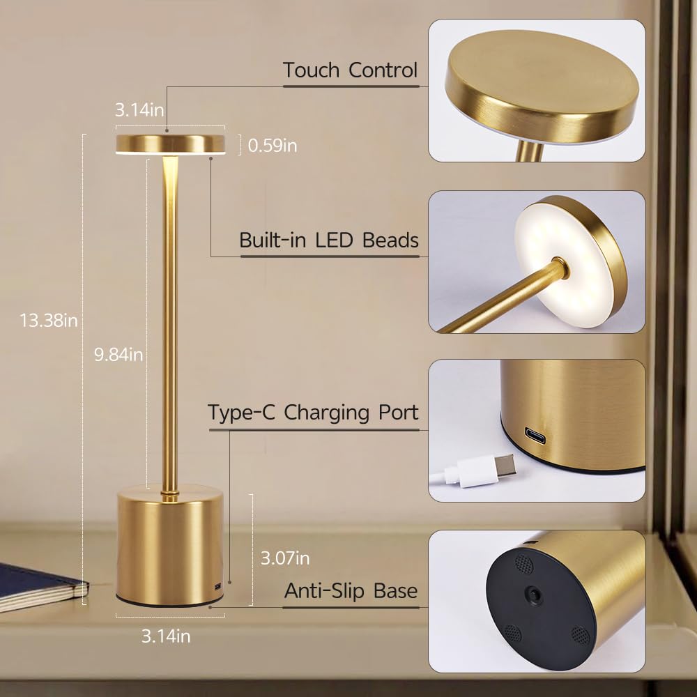 Xih 2 Pack Led Rechargeable Cordless Table Lamps Portable Outdoor 5000 Mah Battery Operated Table Light Touch Control 3 Color Dimmable Touch Lamp For Patio/Cofee/Restaurant/Camping/Dining/Bedroom-Gold