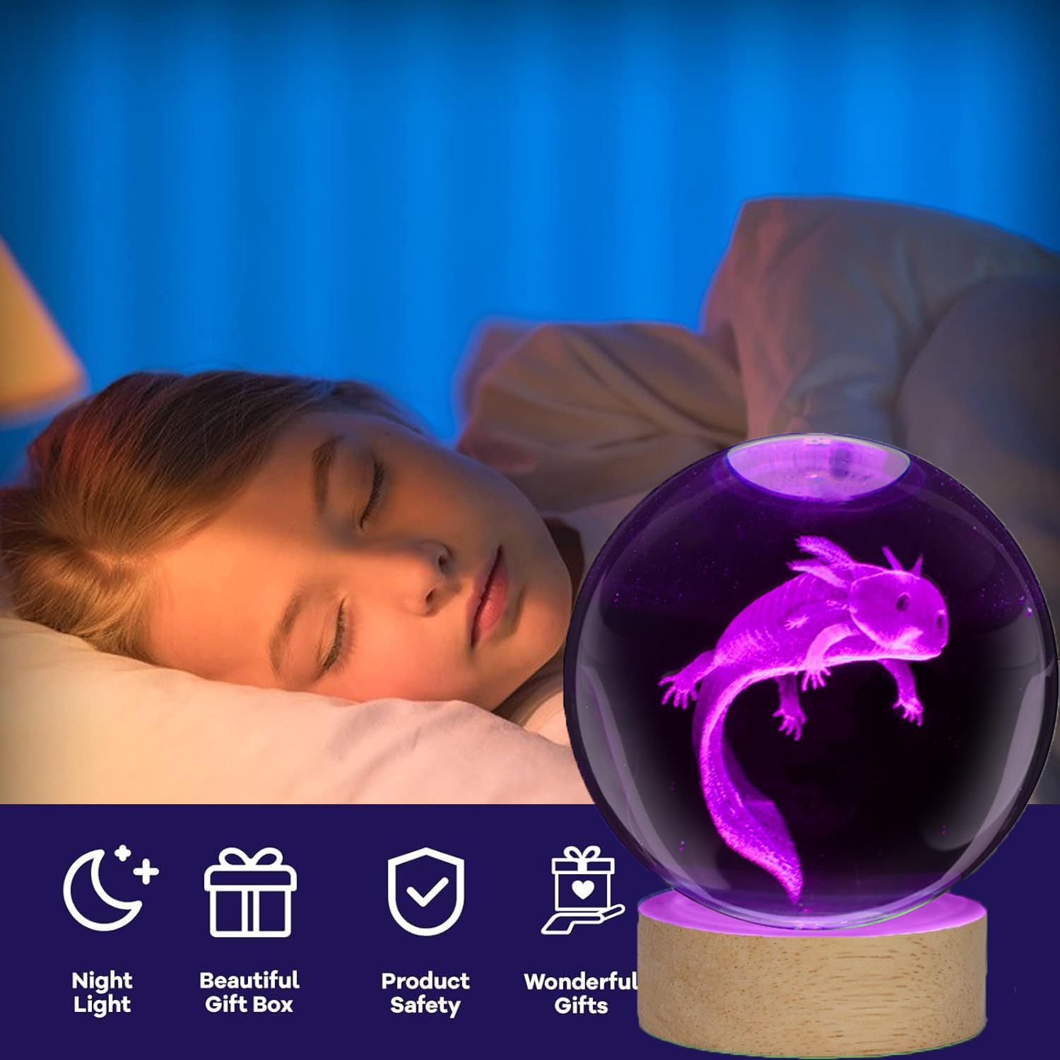 Culdetha Axolotl Lamp,3D K9 Axolotl Crystal Ball Lamp,3.15 Inch Glass Ball Axolotl Light,Gamepad Axolotl Lamp With Wooden Base,B