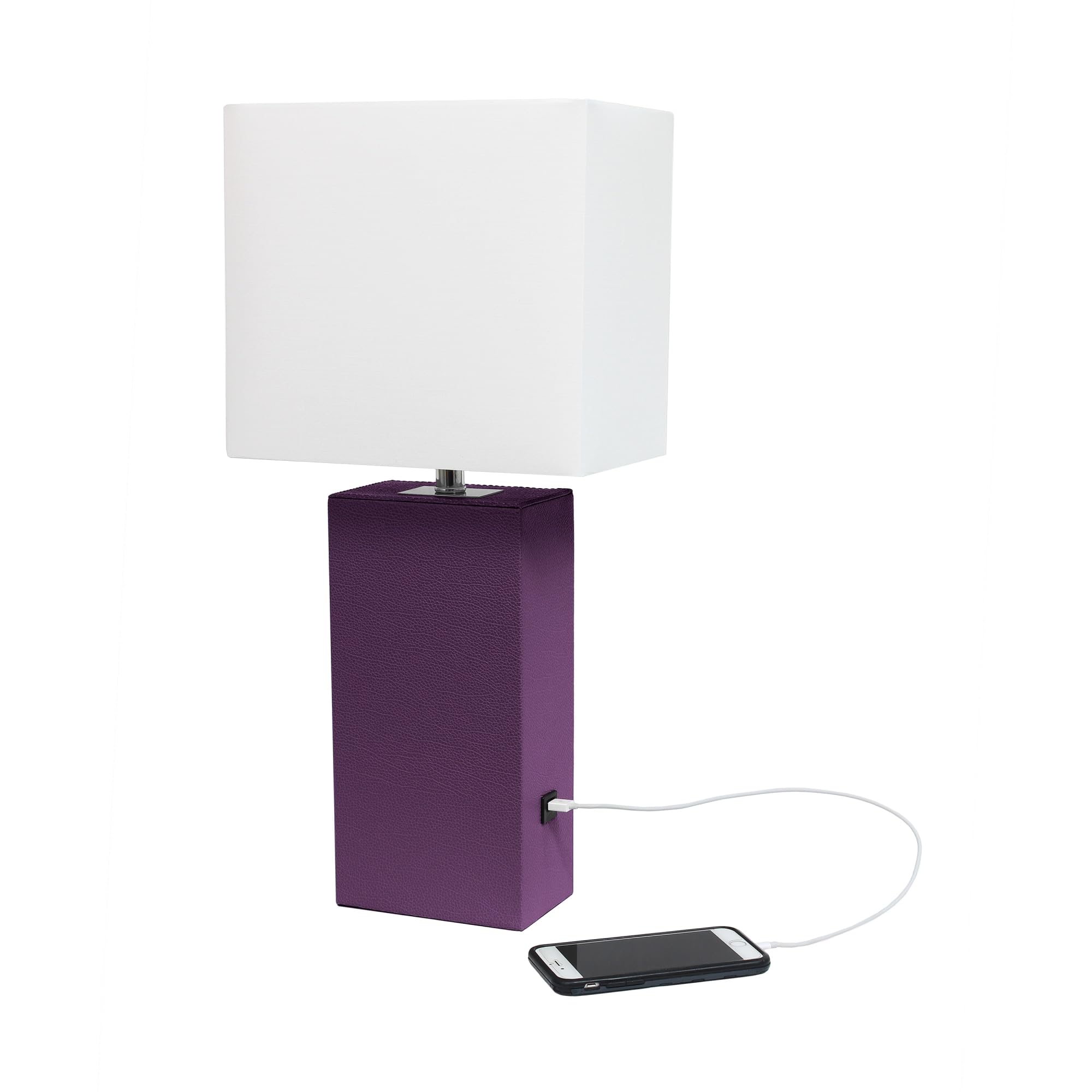 Elegant Designs Lt1053-Egp Modern Leather Usb And White Fabric Shade Table Lamp, Eggplant - (Pack Of 1)