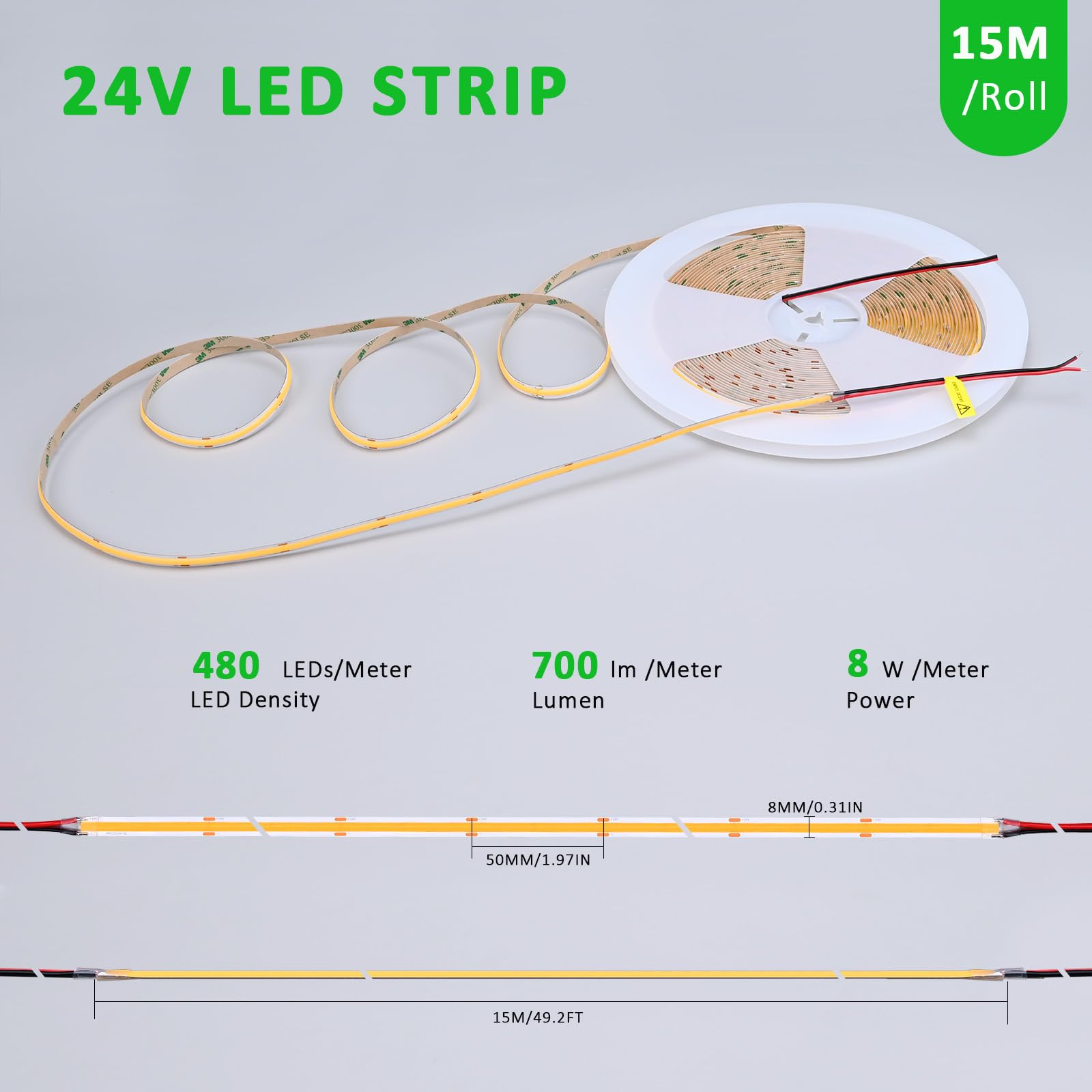 Joylit 49.2Ft/15M Cob Led Strip Lights 24V 3000K Warm White Indoor, 480Leds/M High Density Spotless Cri 90+ Dimmable Flexible Ta
