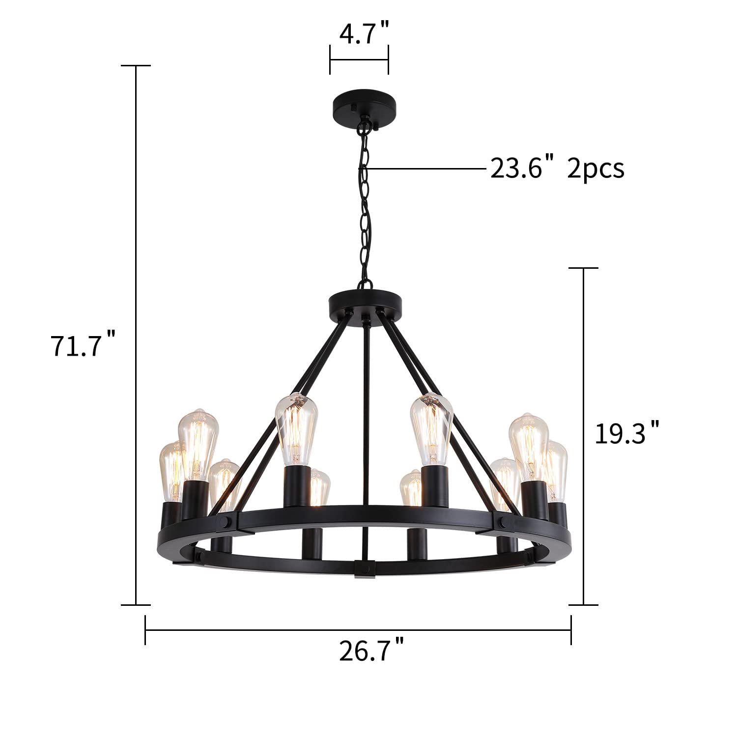 9MMML 10-Light Wagon Wheel Chandelier, Matte Black Iron Pendant Light, Dia 26.4", Adjustable Height, Model 8013P10BK