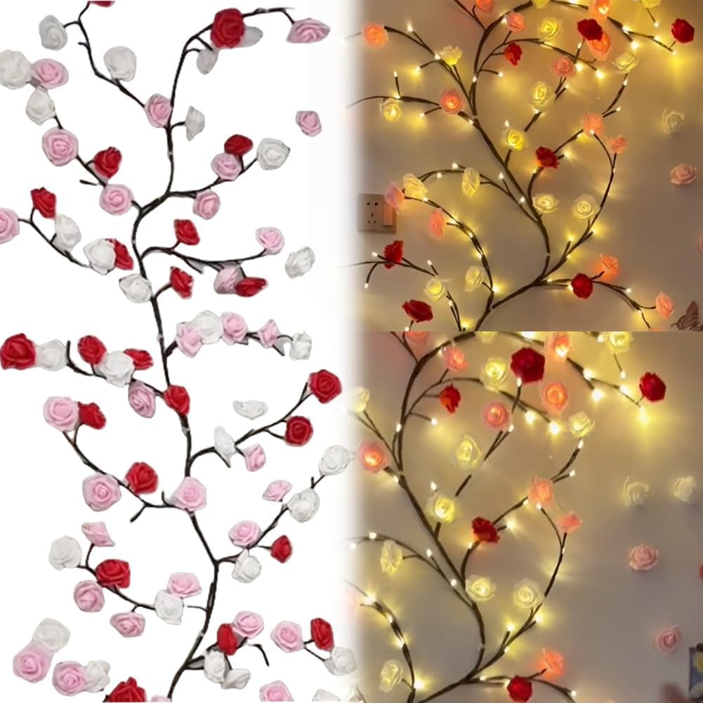 Rose Led Tree Branch Lights For Wall  Rose Flower Willow Vine Twig Decor Garland With 48 Led Lights And Remote 8 Lighting Modes Christmas Decorations Indoor For Home Wall Door Window (47Inch)