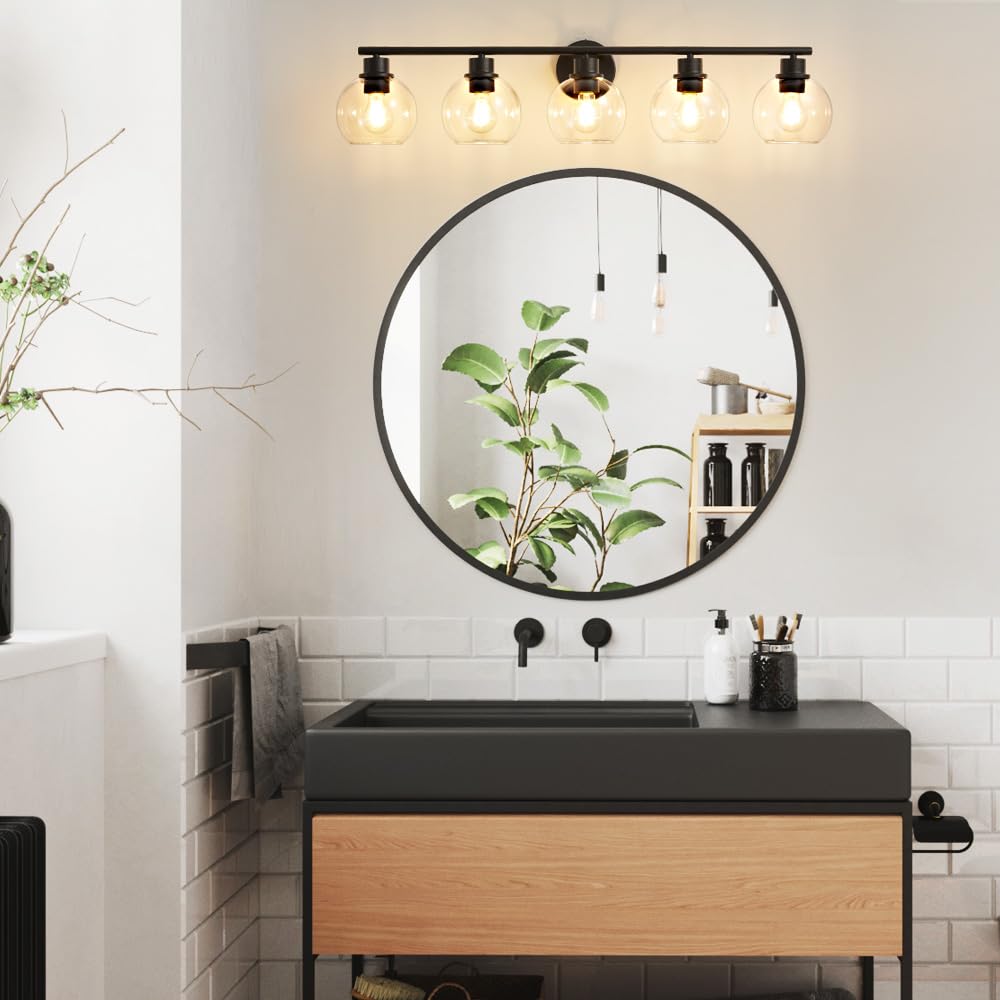 Lanmate 5-Light Bathroom Vanity Light Fixture, Modern Black Wall Sconce with Clear Glass Shades, 37.4 inch, Model L1746