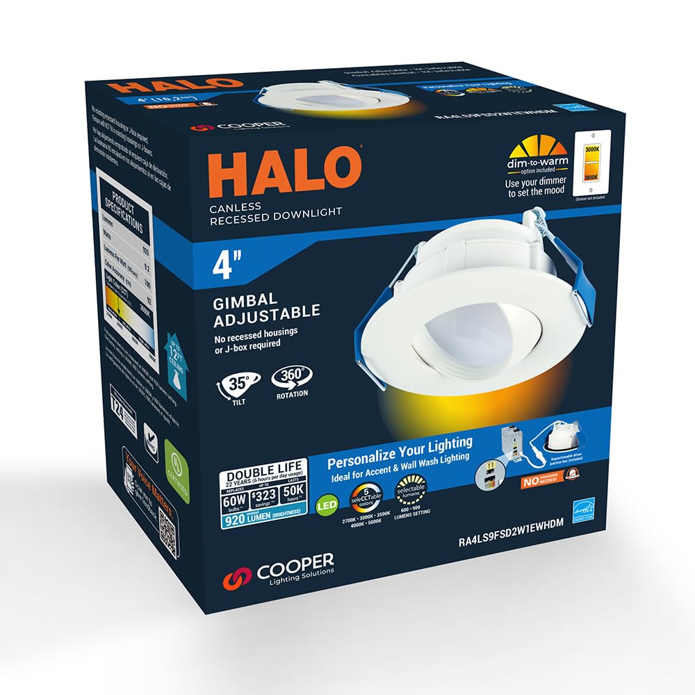 HALO 4-Inch Canless LED Recessed Downlight, Adjustable Gimbal, Selectable Lumens & Color, Dim-to-Warm, White, Model RA4LS9FSD2