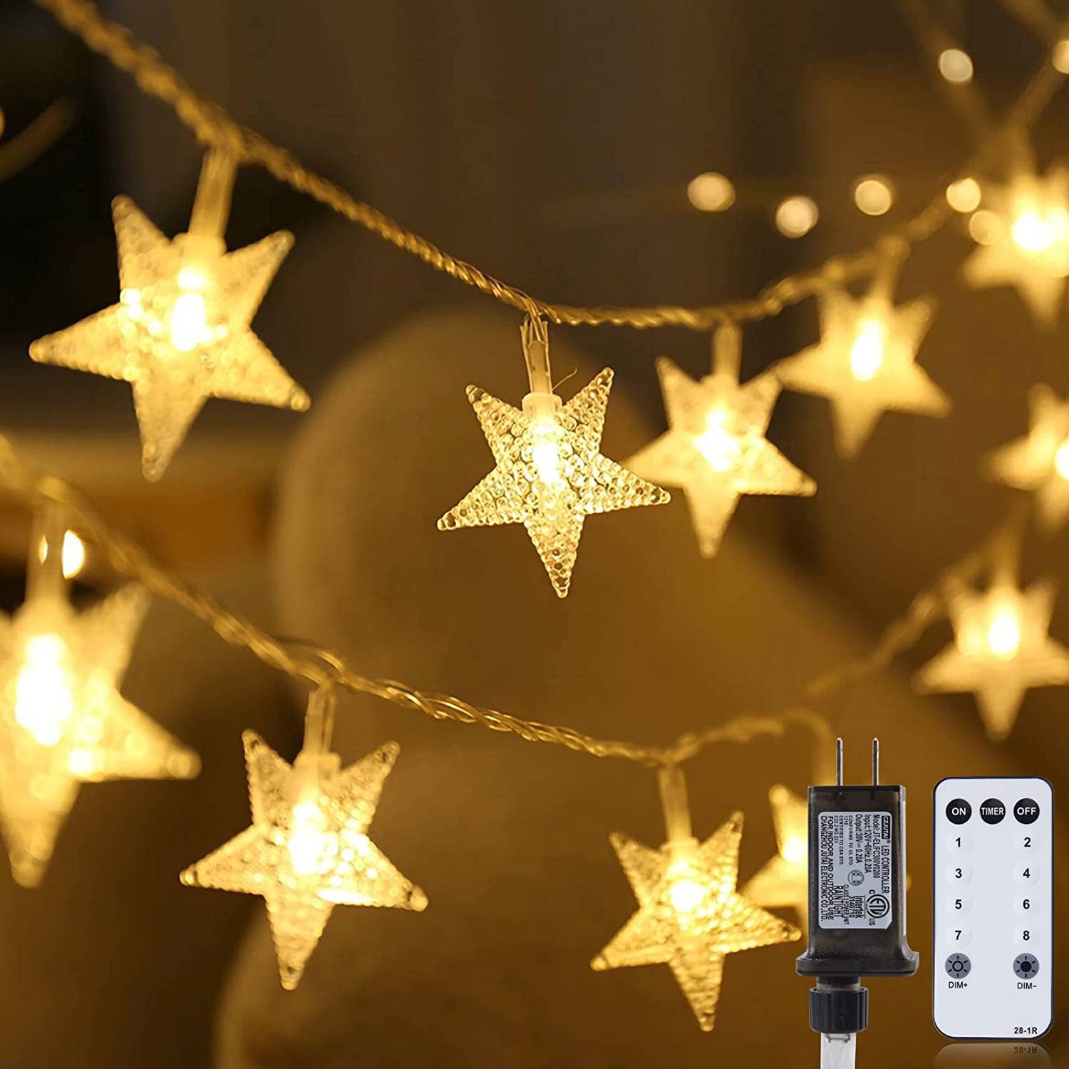 Minetom Star String Lights - 100 LED Waterproof Fairy Lights with Remote and Timer, 33 ft, Warm White, Model GP-SW290DC0209-IP44(US)A