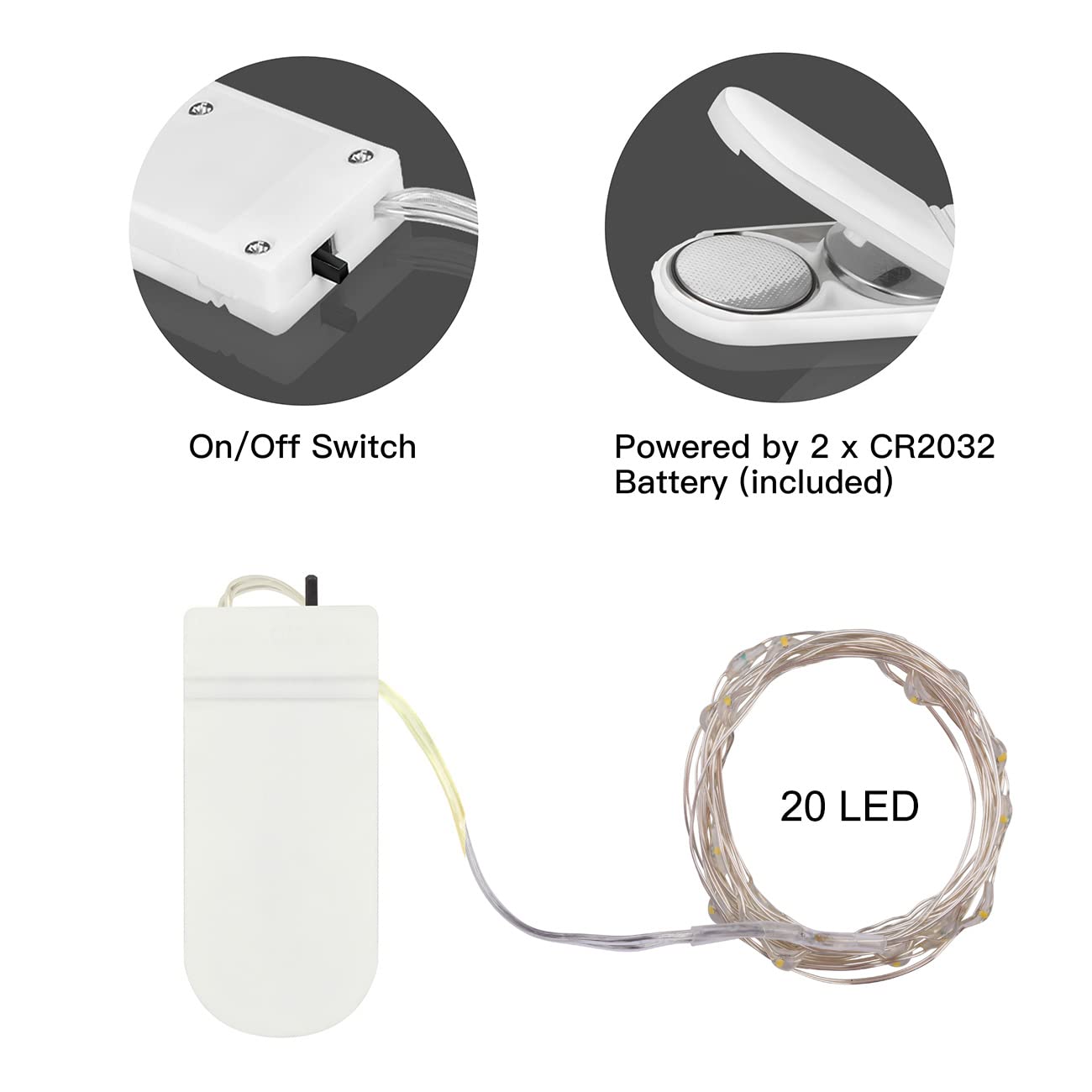 Ledikon 20 Pack Fairy Lights Battery Operated,Long Lasting 7.2Ft 20 Led Silver Wire Warm White Firefly Mason Jar Lights,Mini Led String Lights For Mason Jars Party Crafts Wedding Décor