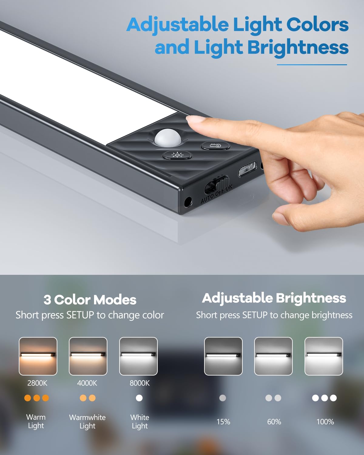 HIBOITEC Wireless Under Cabinet LED Light, 50 Dimmable Cool White, Rechargeable Motion Sensor, 10 inch, Black, Model HZT-HBSL006, 2 Pack