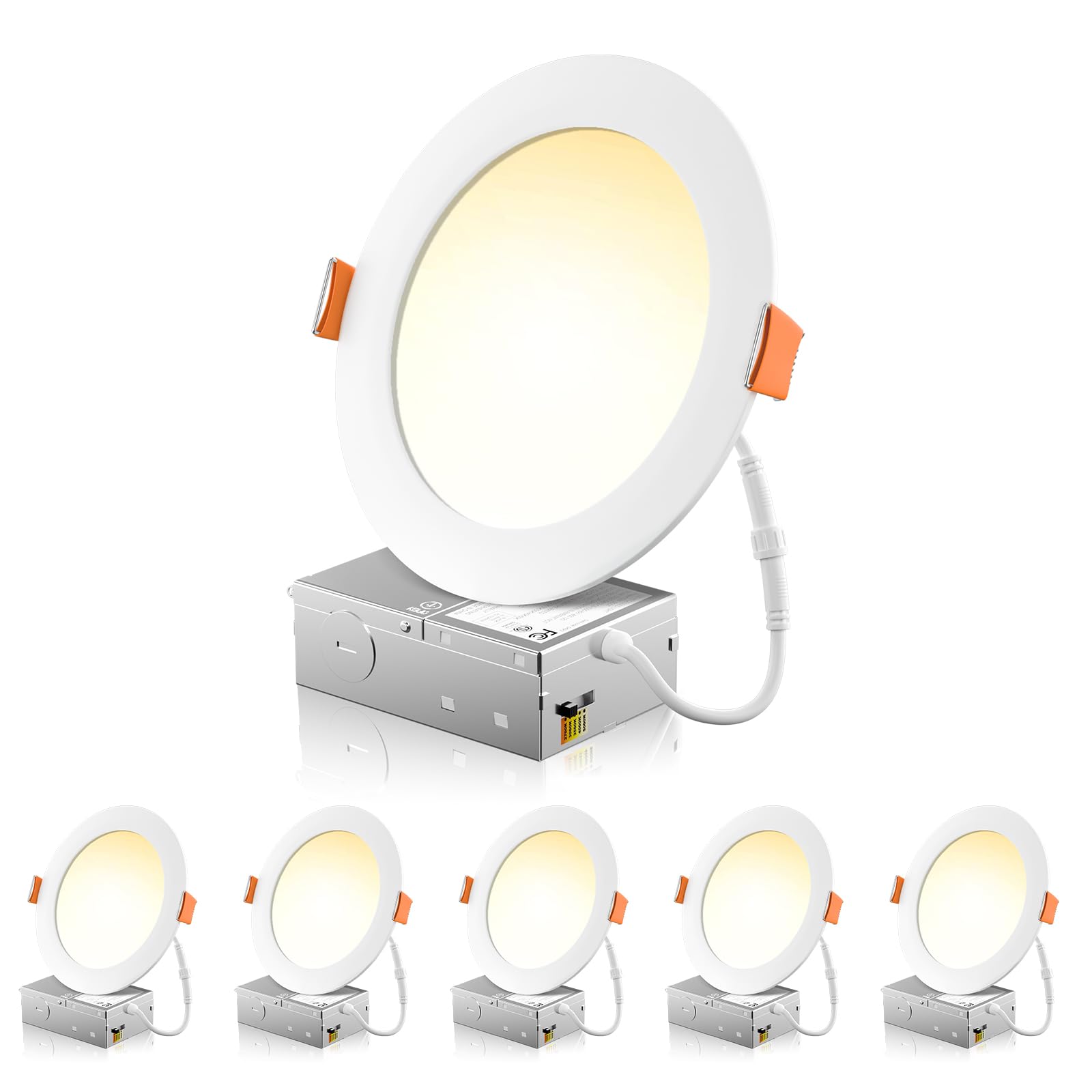 Freelicht 6 Pack 6 Inch 5Cct Ultra-Thin Led Recessed Ceiling Light With Junction Box, 2700K/3000K/3500K/4000K/5000K Selectable, 1050Lm Brightness, Dimmable Canless Wafer Downlight, 12Weqv110W, Etl&Fcc
