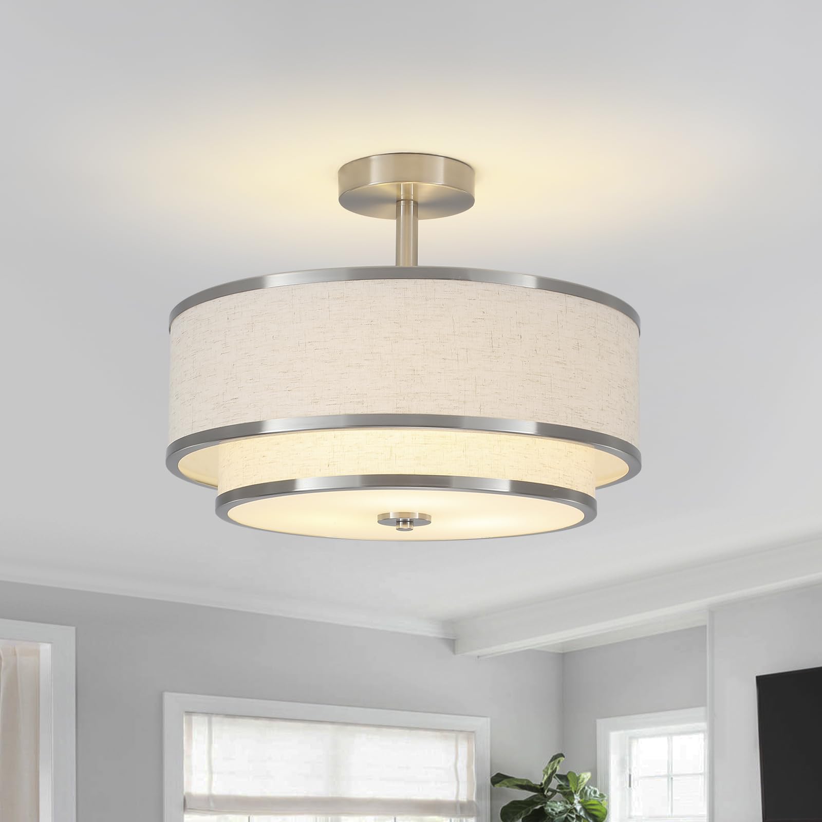 Buxvrcs Semi Flush Mount Ceiling Light Fixture, Modern Light Fixtures Ceiling Mount With Fabric Shade, 3-Light Double Drum Light