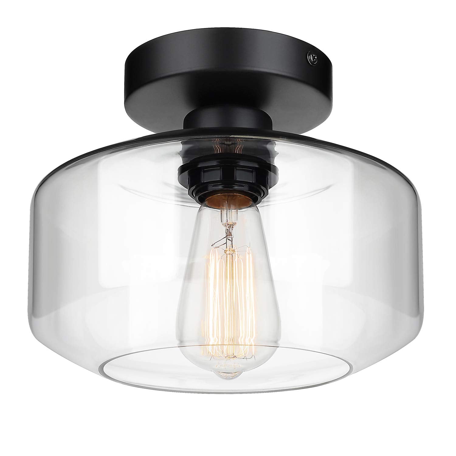 MAXvolador Industrial Semi Flush Mount Ceiling Light, Clear Glass Shade, Black, Model OMTZT-002