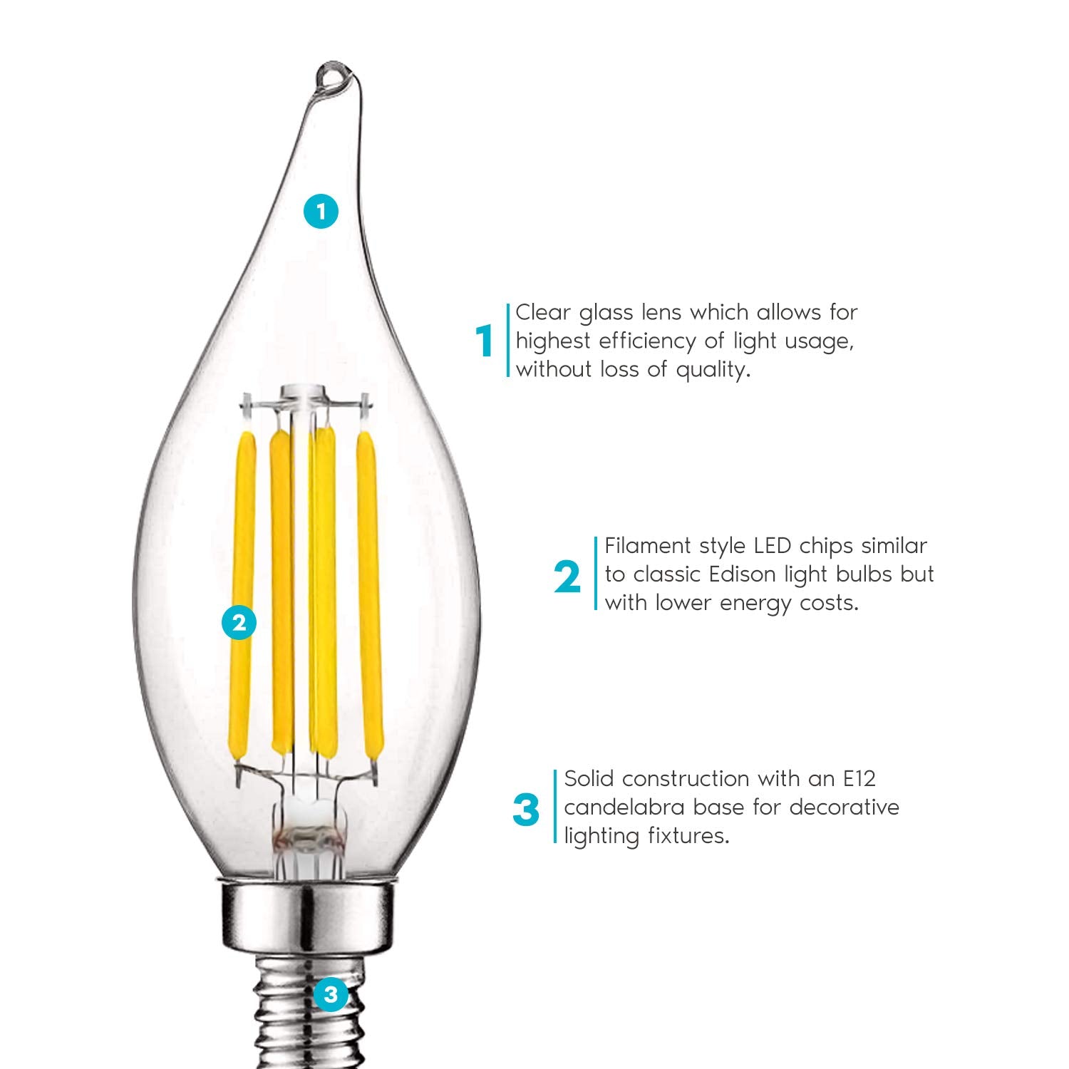 LUXRITE Vintage LED Candelabra Bulbs 5W 60W Equivalent 550 Lumens Dimmable E12 Base 3500K Natural White 12 Pack