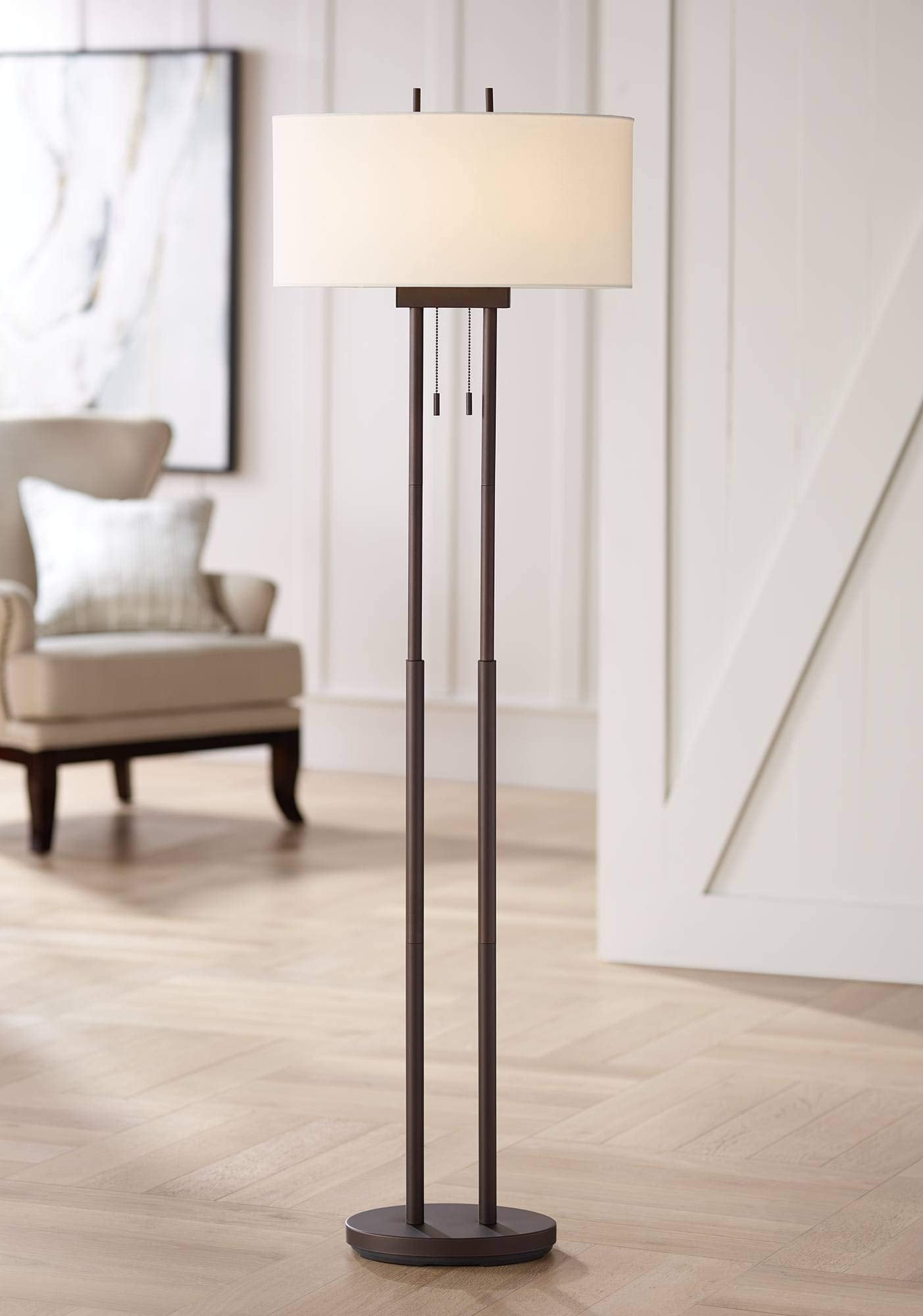 Franklin Iron Works Roscoe Floor Lamp, 62in Tall, Oil Rubbed Bronze, Brown Twin Poles, White Fabric Hardback Oval Shade, Model 1K790