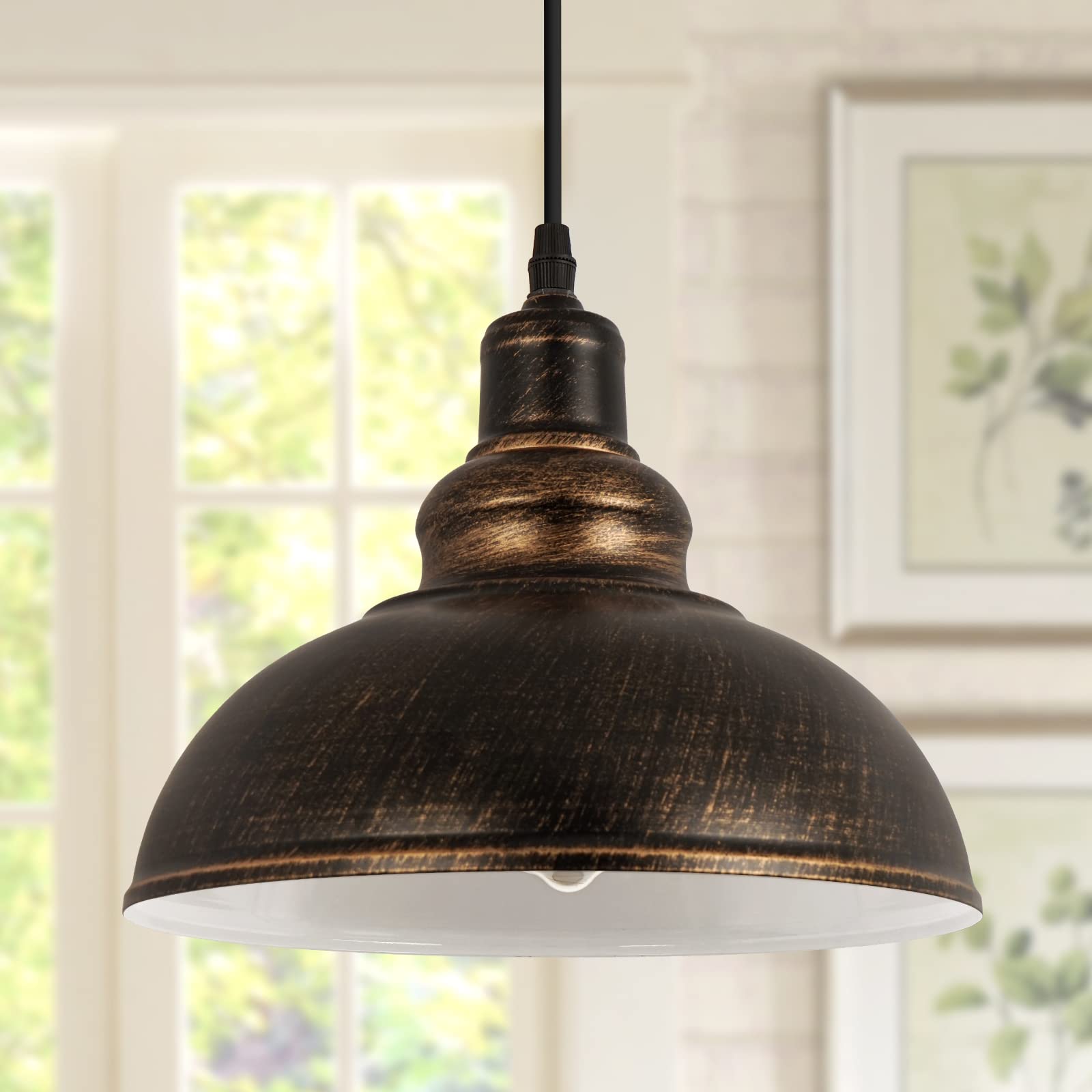 Kighsin Industrial Plug In Pulley Pendant Light With 19.5Ft Cord On/Off Switch, Vintage Barn Bronze Domed Hanging Ceiling Light