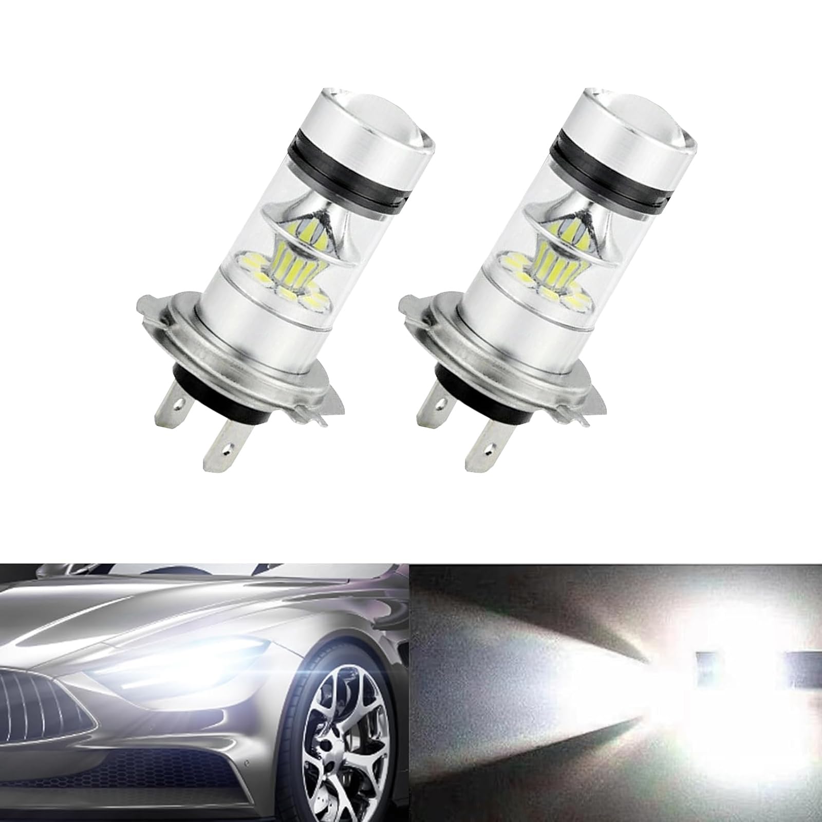 Flygun H7 LED Car Fog Light Bulbs – 12V 100W, 6500K White Light, 2 PCS, Metal, Plug-and-Play, Universal Fit