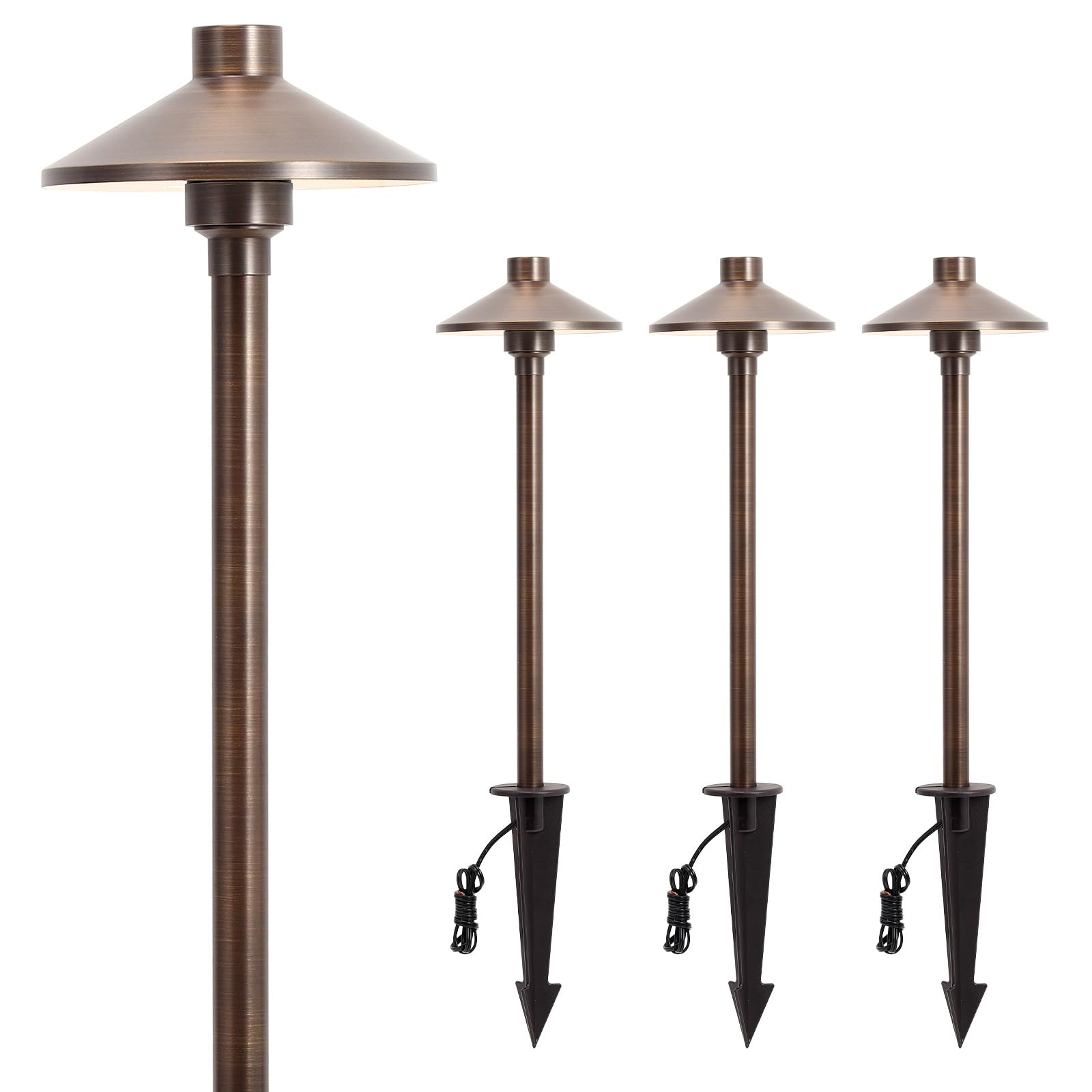Gardencoin Solid Brass Low Voltage Pathway Lights (6.7'' Shade, 21.9'' Tall), 12V Ac/Dc Heavy Duty Led Landscape Path Lights Outdoor Wired, Antique Bronze Walkway Lights With Larger Stake, 4-Pack