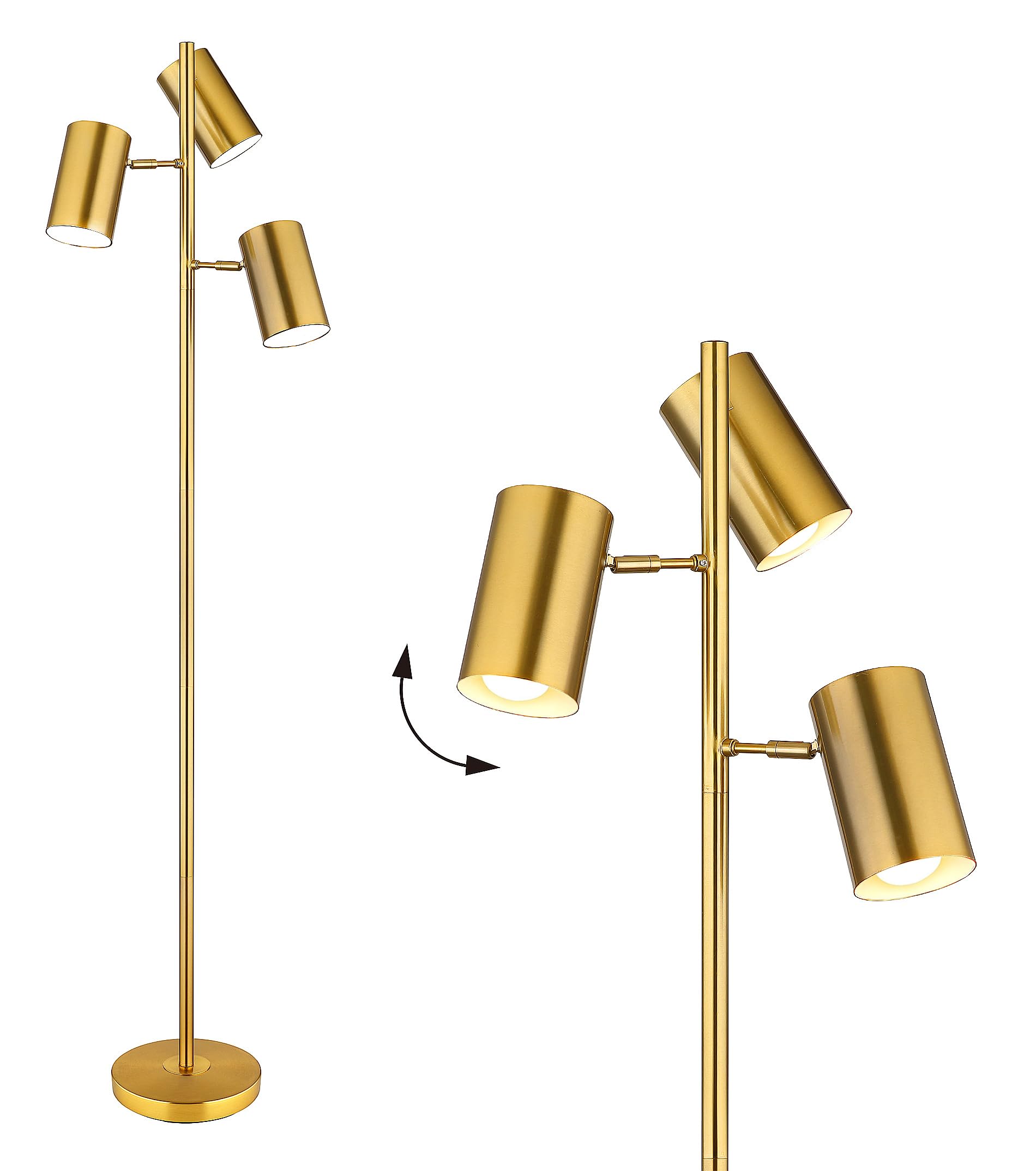 Tree Floor Lamp With 3 Light Bulbs,Gold Standing Tall Pole Lamp With 3 Adjustable Rotating Lights,Farmhouse Floor Lamp For Living Room Bedroom Office,Vintage Standing Lamp 9W E26 Led Bulbs Included