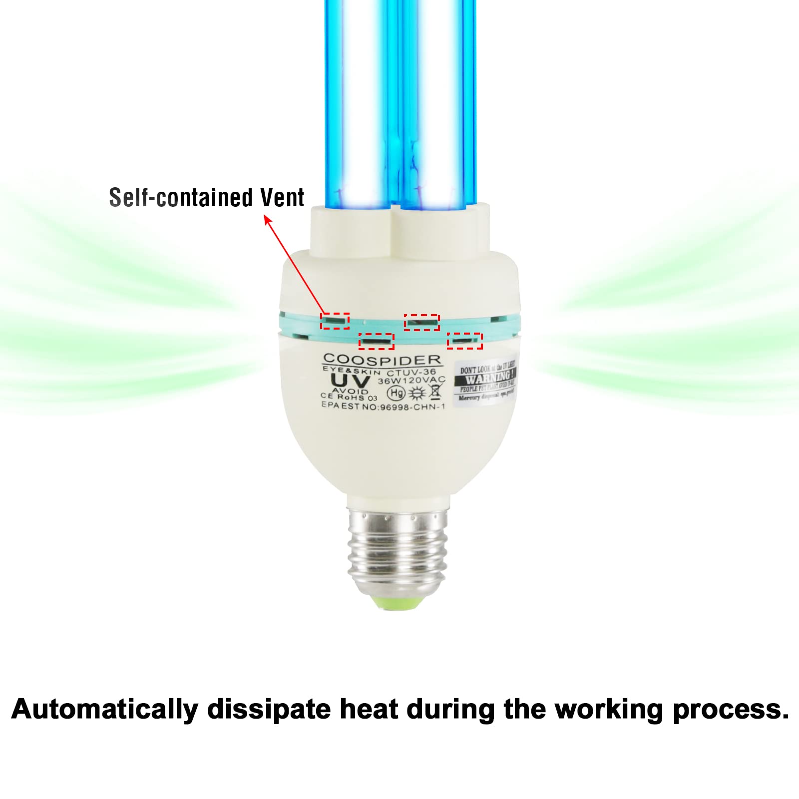 COOSPIDER UV Light Bulb, 36W UVC Germicidal Lamp for Odor and Mold Removal, E26 110V, White, 1 Count