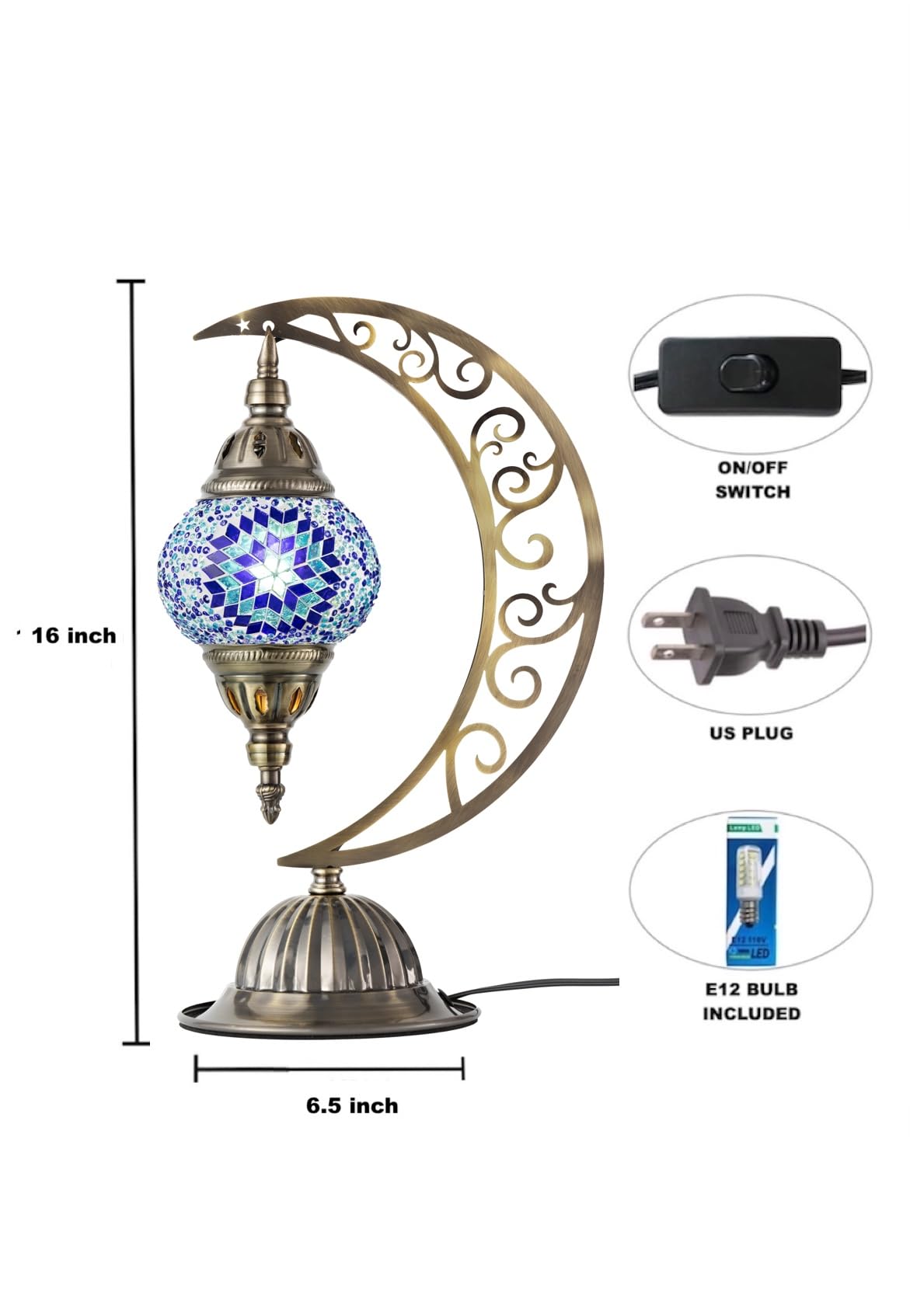 KRAFTSTORIES Turkish Mosaic Moon Lamp Kit - DIY Colorful Glass Table Light, Medium Size, Blue, Model MoonTML