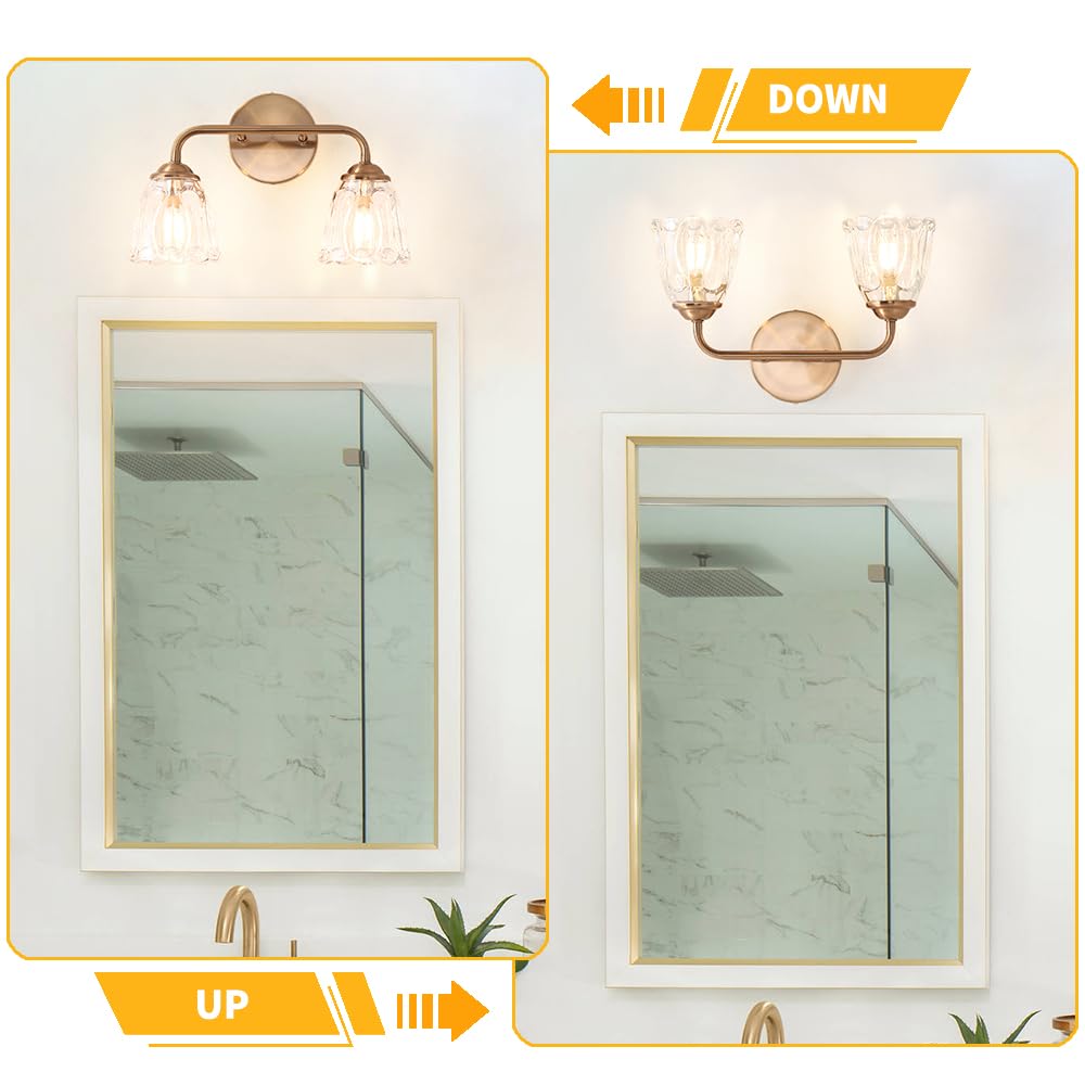 Daunton Vintage Brass Vanity Light, 2-Light Bathroom Lighting Fixtures Over Mirror, Elegant Vanity Lighting For Bathroom With Cl