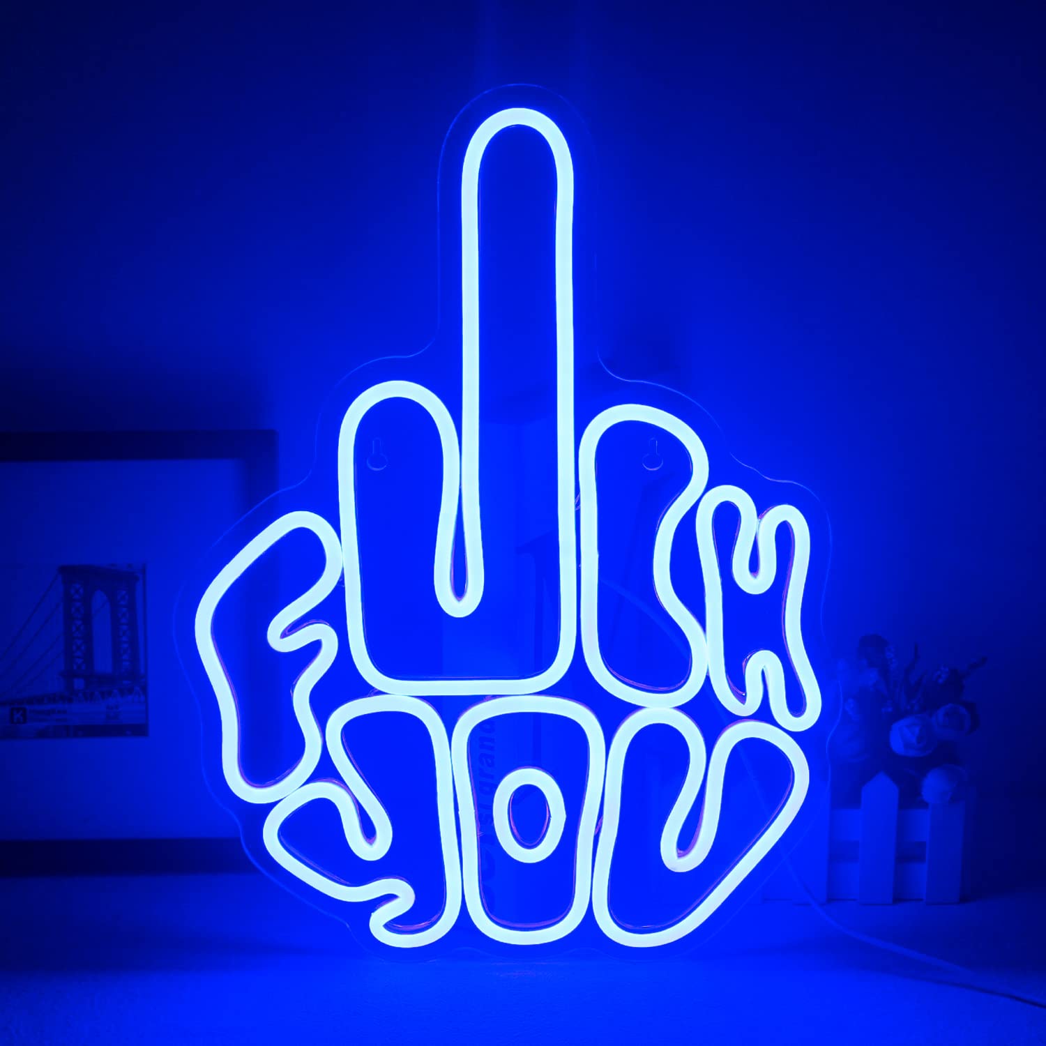 FAXFSIGN Neon Sign - Blue LED Wall Light, 15.7 x 11.8 inches, Acrylic, Model: Neon, B-blue Finger Decor for Bedroom, Party, Pub