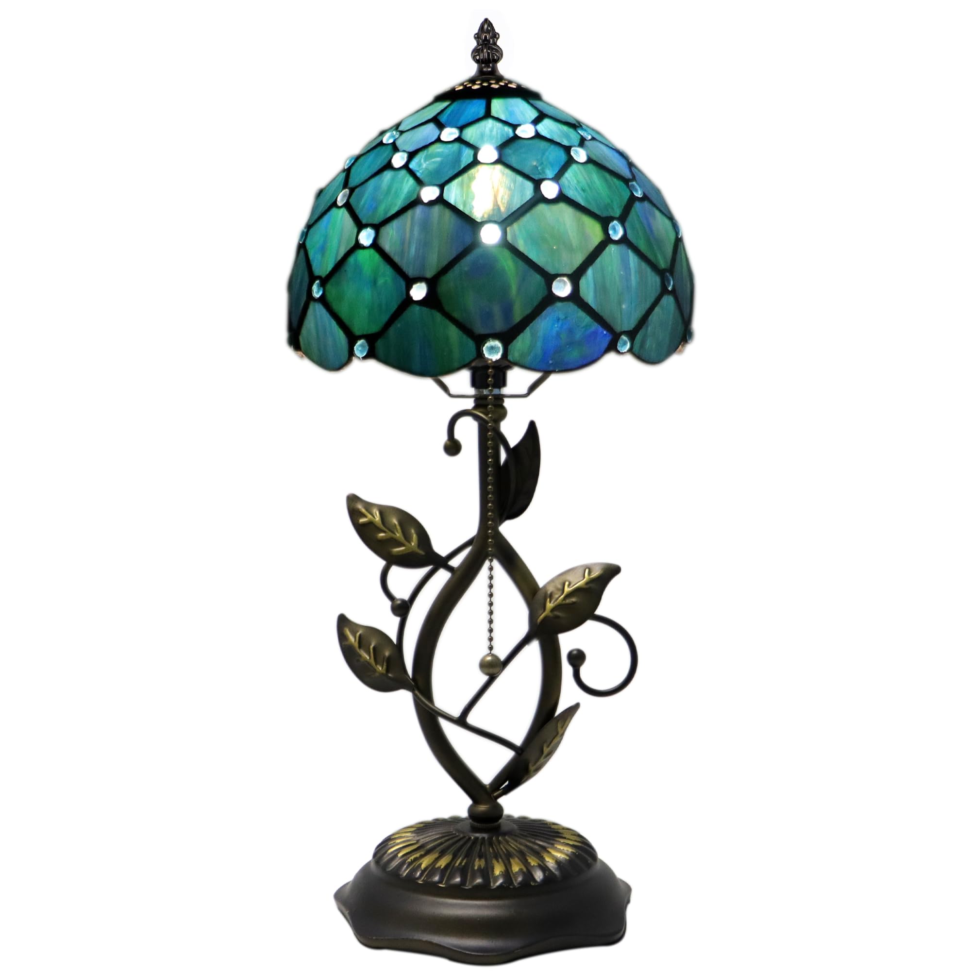 MQYXH Small Tiffany Lamp Sea Blue Pearl Style Stained Glass Table Lamps Desk Bedside Reading Light 8X8X18 Inches with Bronze Metal Leaf Resin Base