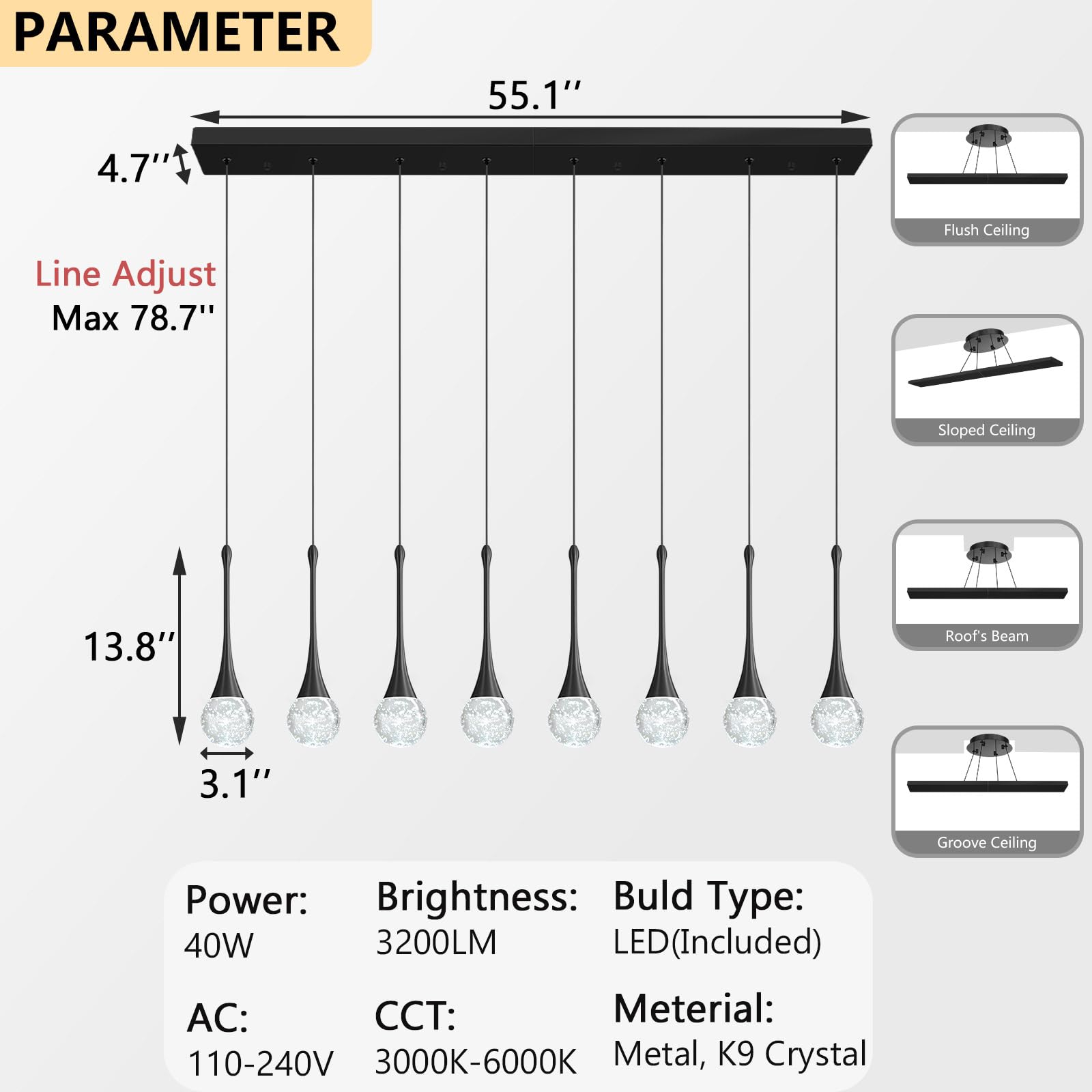 8 Light Modern Glam Crystal Rectangular Chandelier For High Ceiling Led Dimmable Ceiling Pendant Light Kitchen Island Staircase Foyer Enterway Living Room Chandelier Lighting Antique Black