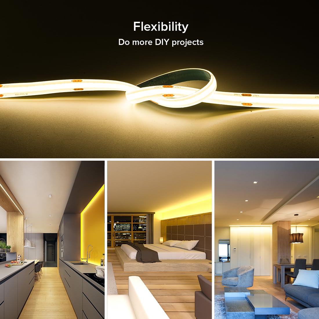 FCOB LED Strip Light 16.4FT IP65 Waterproof DC24V 320LEDs/m Warm White Dimmable FCOB5M24V8MM320LWWW65-Z