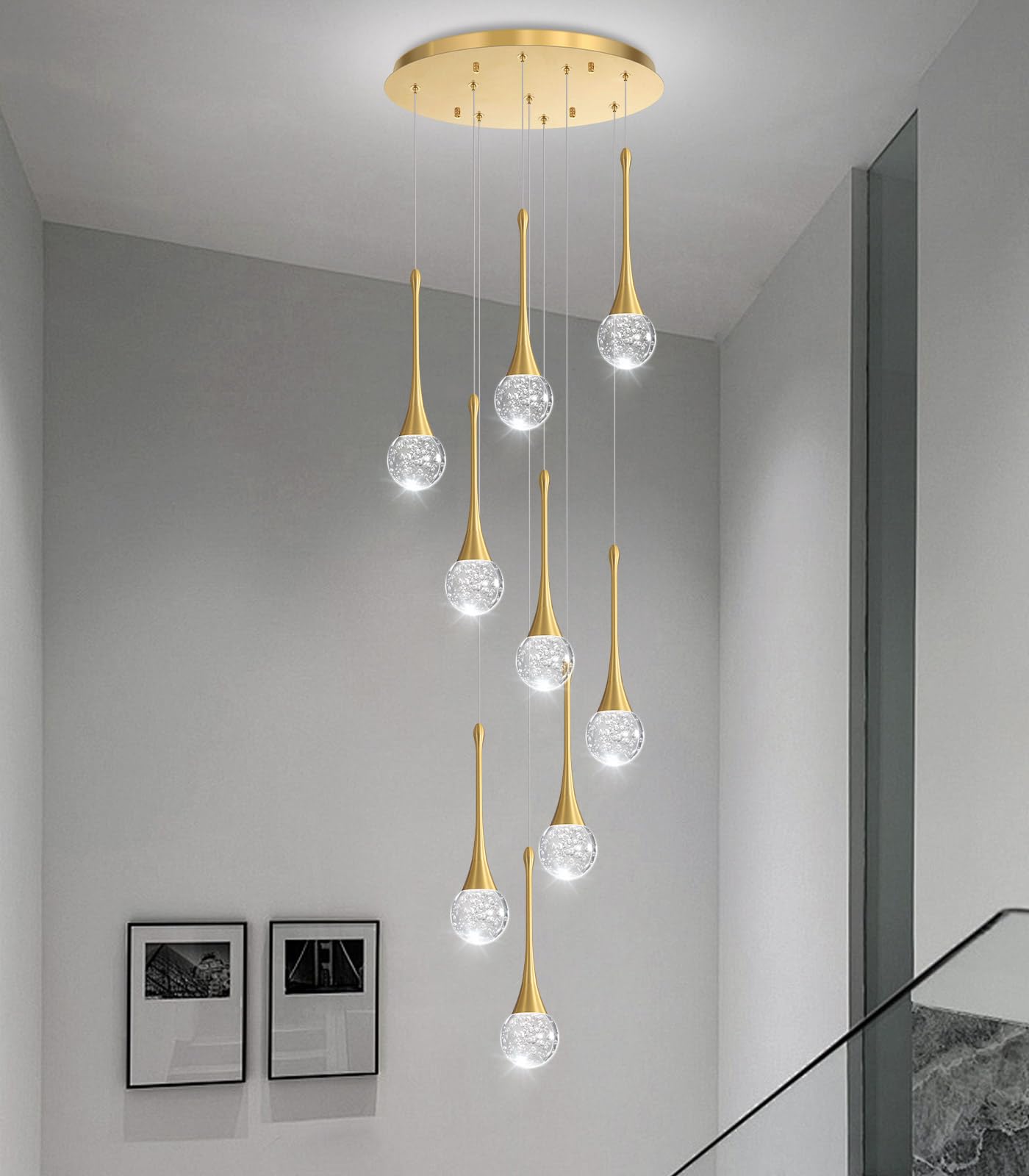 9 Light Modern Glam Crystal Chandelier For High Ceiling Led Dimmable Ceiling Pendant Light Staircase Foyer Enterway Living Room Chandelier Lighting Antique Gold