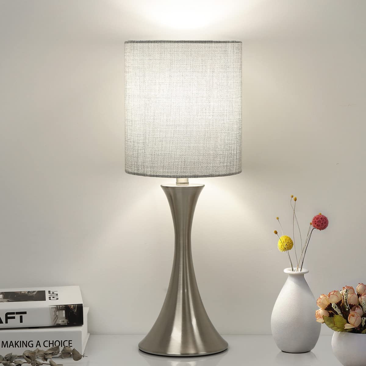 Seaside Village 3 Way Touch Control Table Lamp, Dimmable, Metal Base, Gray Shade, Model 13047, for Bedroom, Living Room, Office