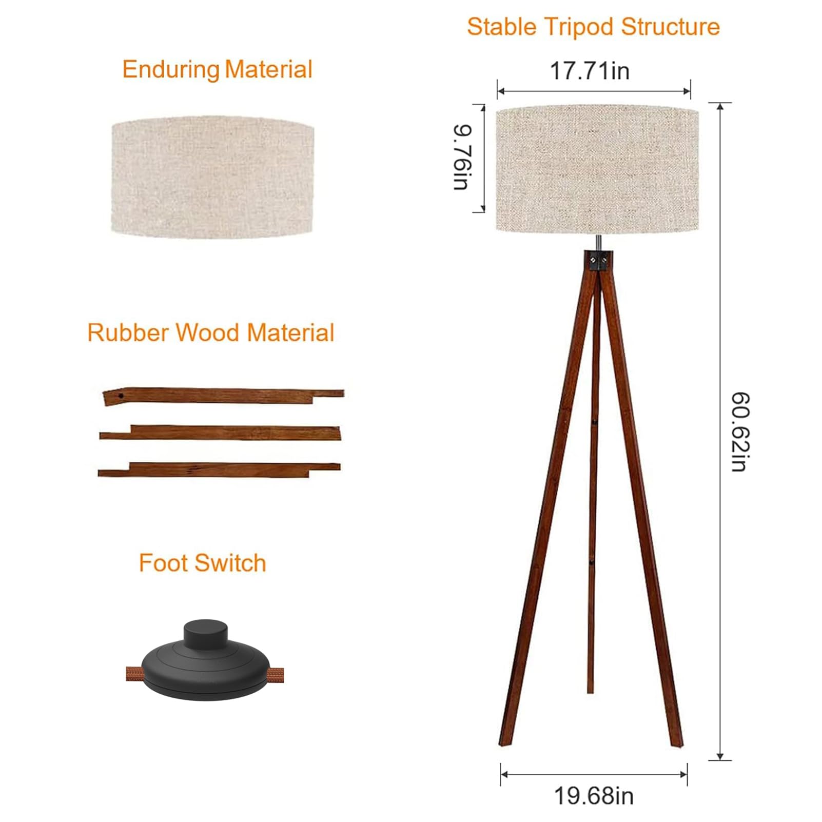 LEPOWER Wood Tripod Floor Lamp, Modern Design, Flaxen Shade, Model UF1101, Brown Tripod Holder