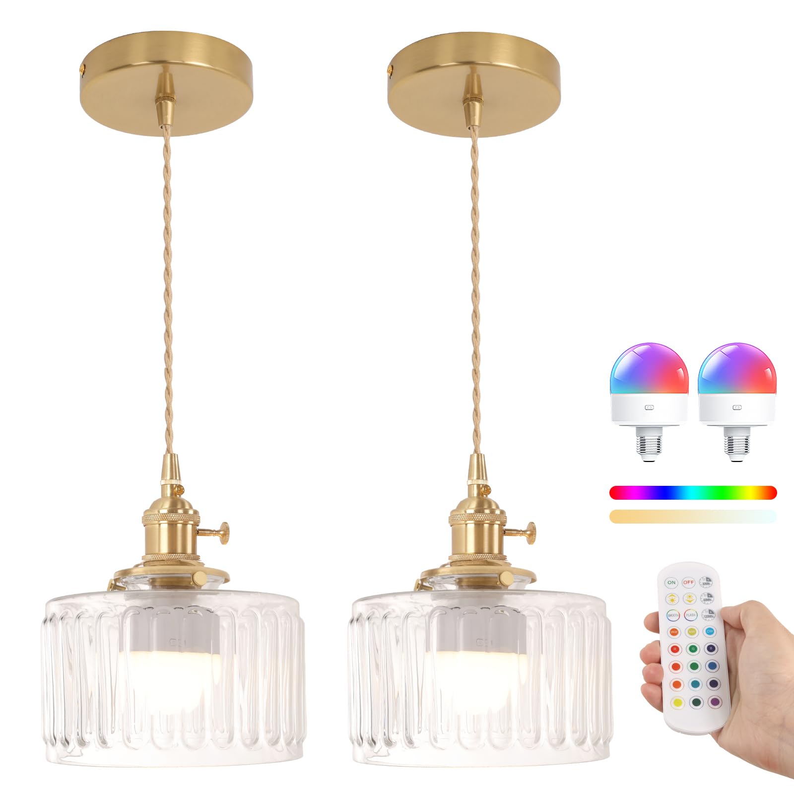 Shenmoyl Battery Operated Pendant Light, 5000mAh, Rechargeable, 2 Pack, Glass, Z-Striped Clear