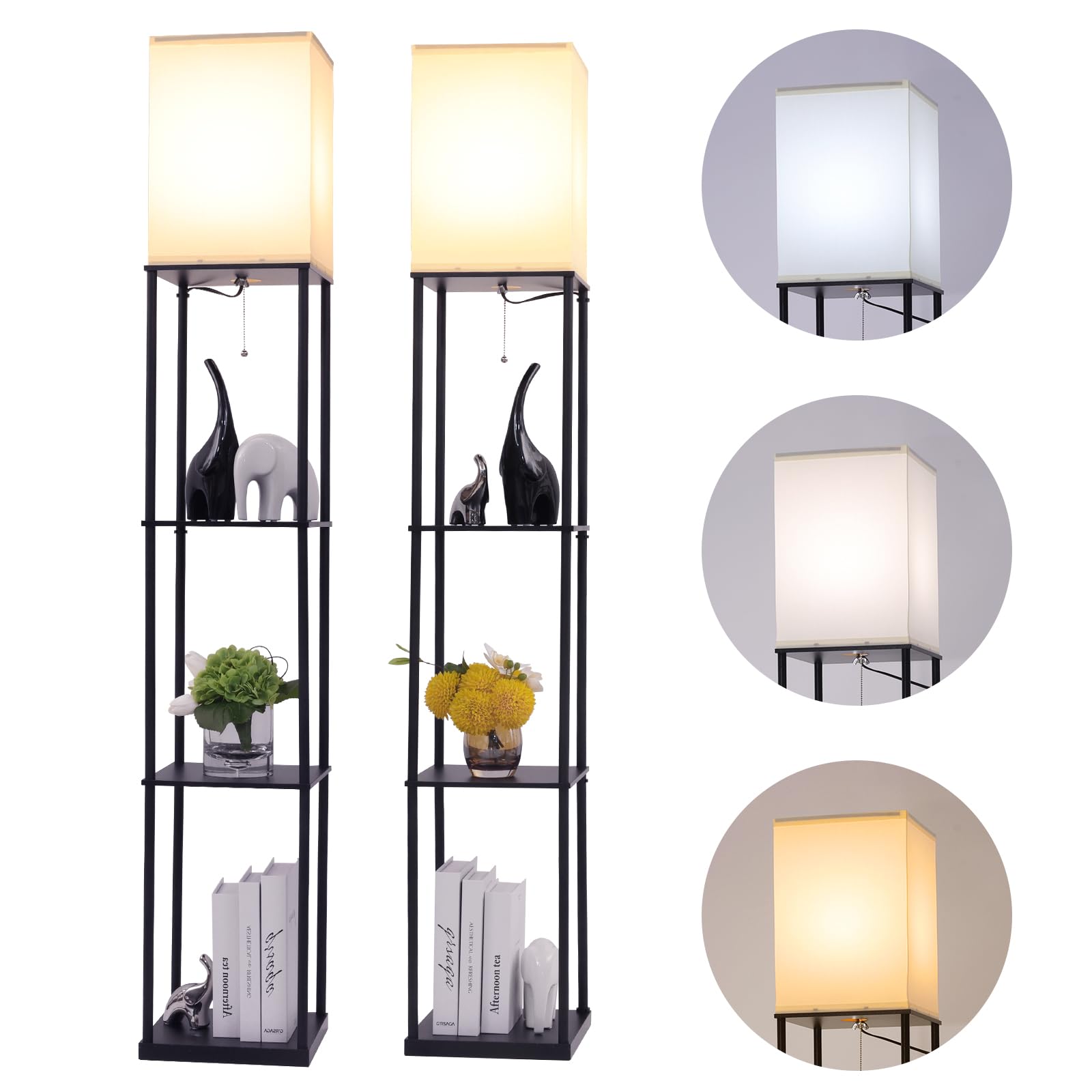 Gupuzm Floor Lamp with Shelves, Modern 3-Color Temperature, Black, 2-Pack, Model PFL-007, Wood Material