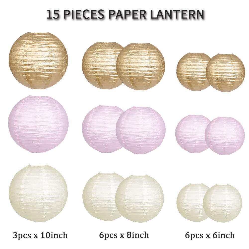 Paper Lanterns Decorative, Party Supplies For Wedding Engagement Baby Showers Birthday Party Decorations Pink/Gold/Ivory 15Pcs