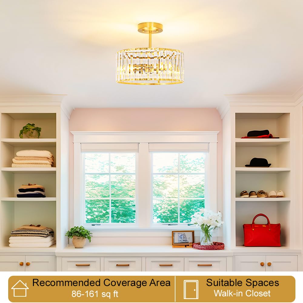 Lxybcce Modern Crystal Ceiling Light  Brushed Gold Semi Flush Mount Ceiling Lighting Fixture  Brass Hallway Light Fixtures Chandelier For Kitchen  Bedroom Dining Room Hallway Closet  3-Light  12 Inch