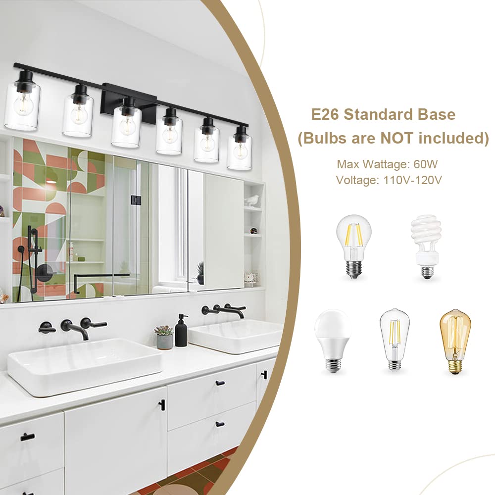VINLUZ Bathroom Vanity Light Fixture, 6 Light Wall Sconce, Matte Black Metal Base, Clear Glass Shade
