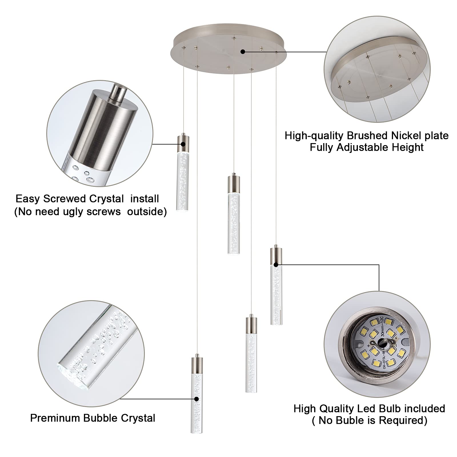 votag 5-Light Pendant Light for Kitchen Island, Dimmable Crystal, Nickel, Model A174
