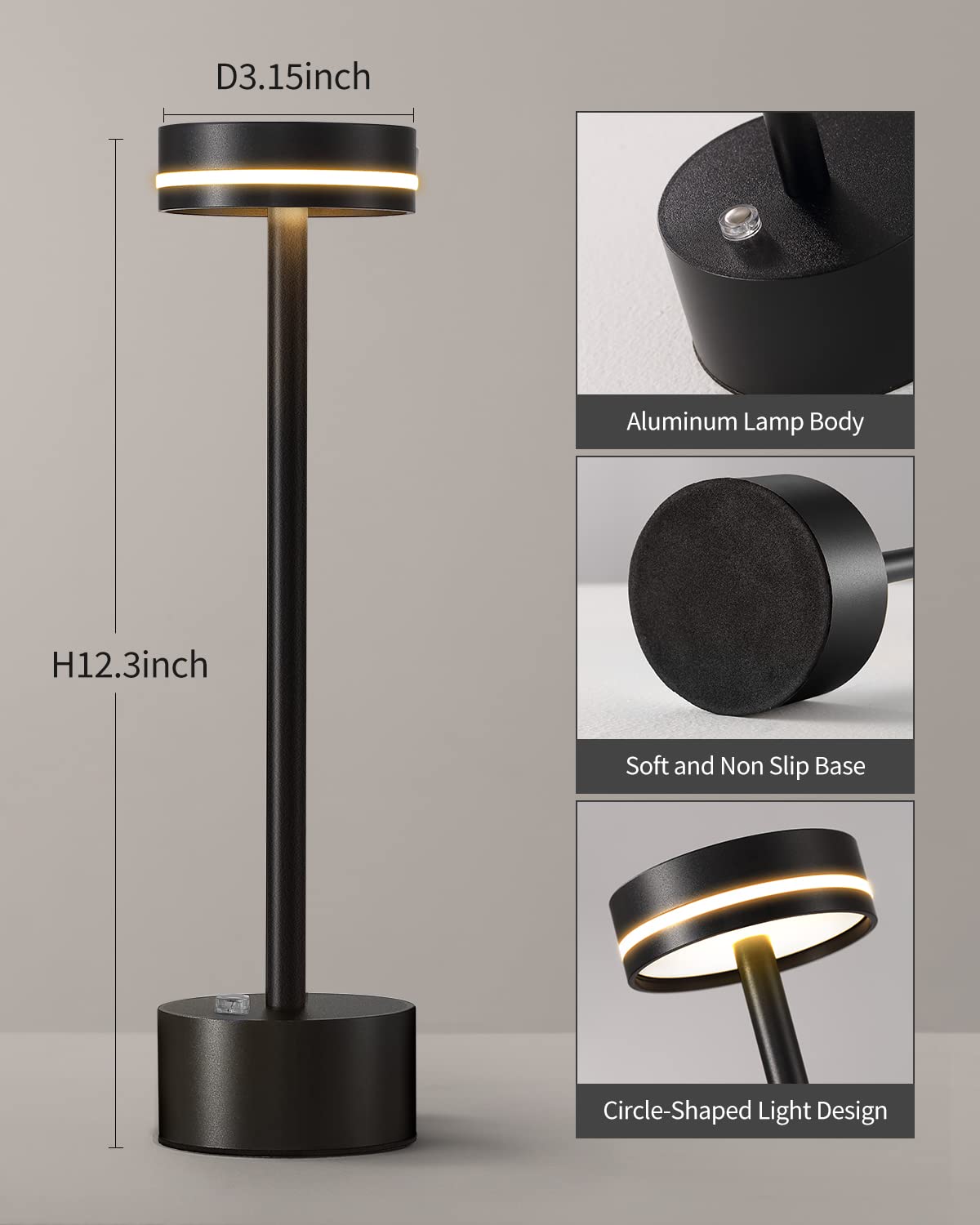 PUSU Cordless LED Table Lamp Set of 2, Touch Control, 3-Level Brightness, Black, Battery Powered, Model AMZ-TBL1800-B2