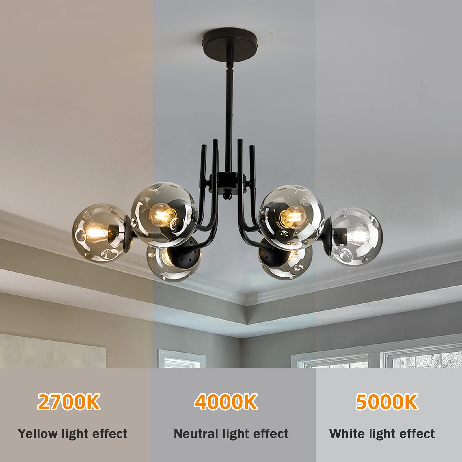 Hesoge 6-Light Glass Globe Sputnik Chandelier, Modern Metal Ceiling Light Fixture, Black, Semi Flush Mount, Ideal for Living Room, Dining Room, Kitchen.