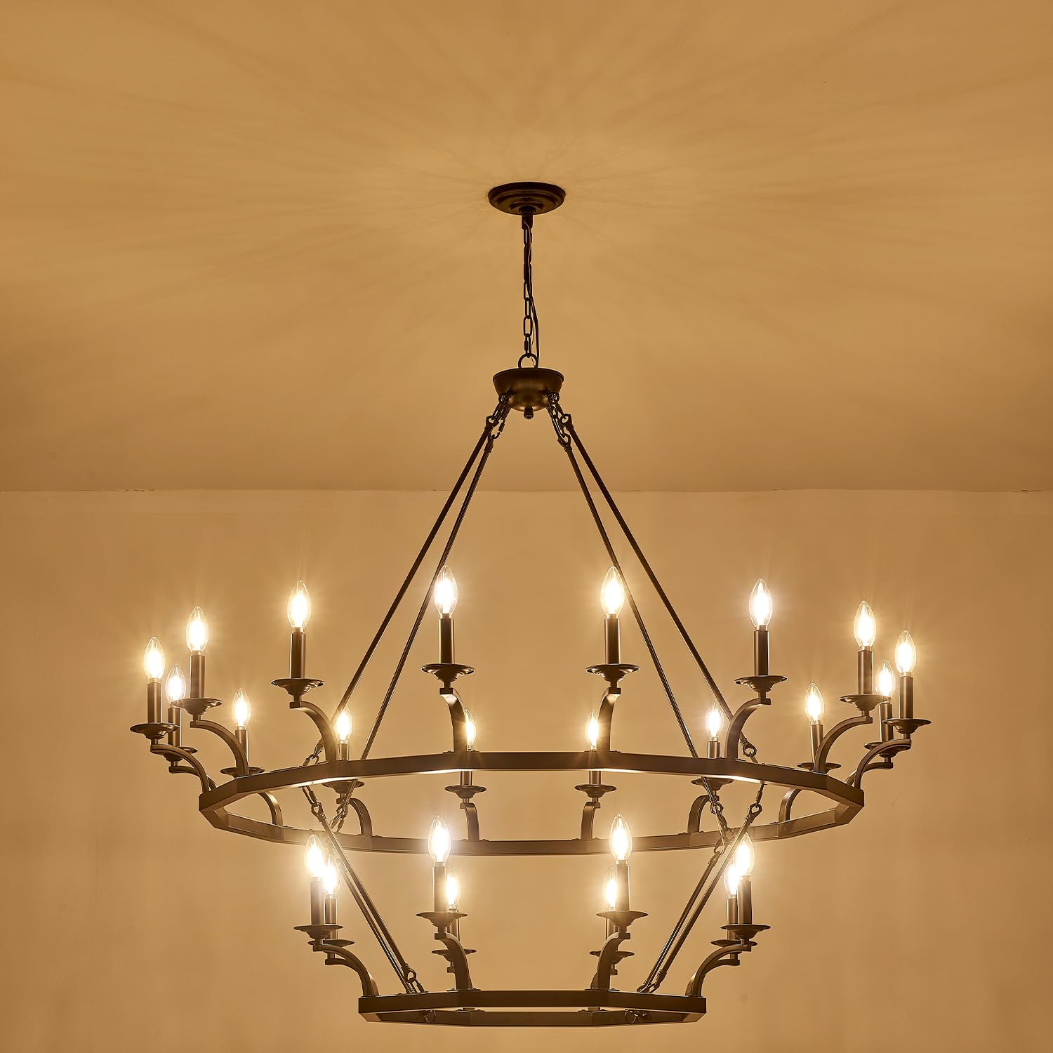 Brfaixla 2 Tiers 24 Lights Large Wagon Wheel Chandelier 52.6'' Rustic Black Metal Ceiling Pendant Light Fixture Industrial Chand