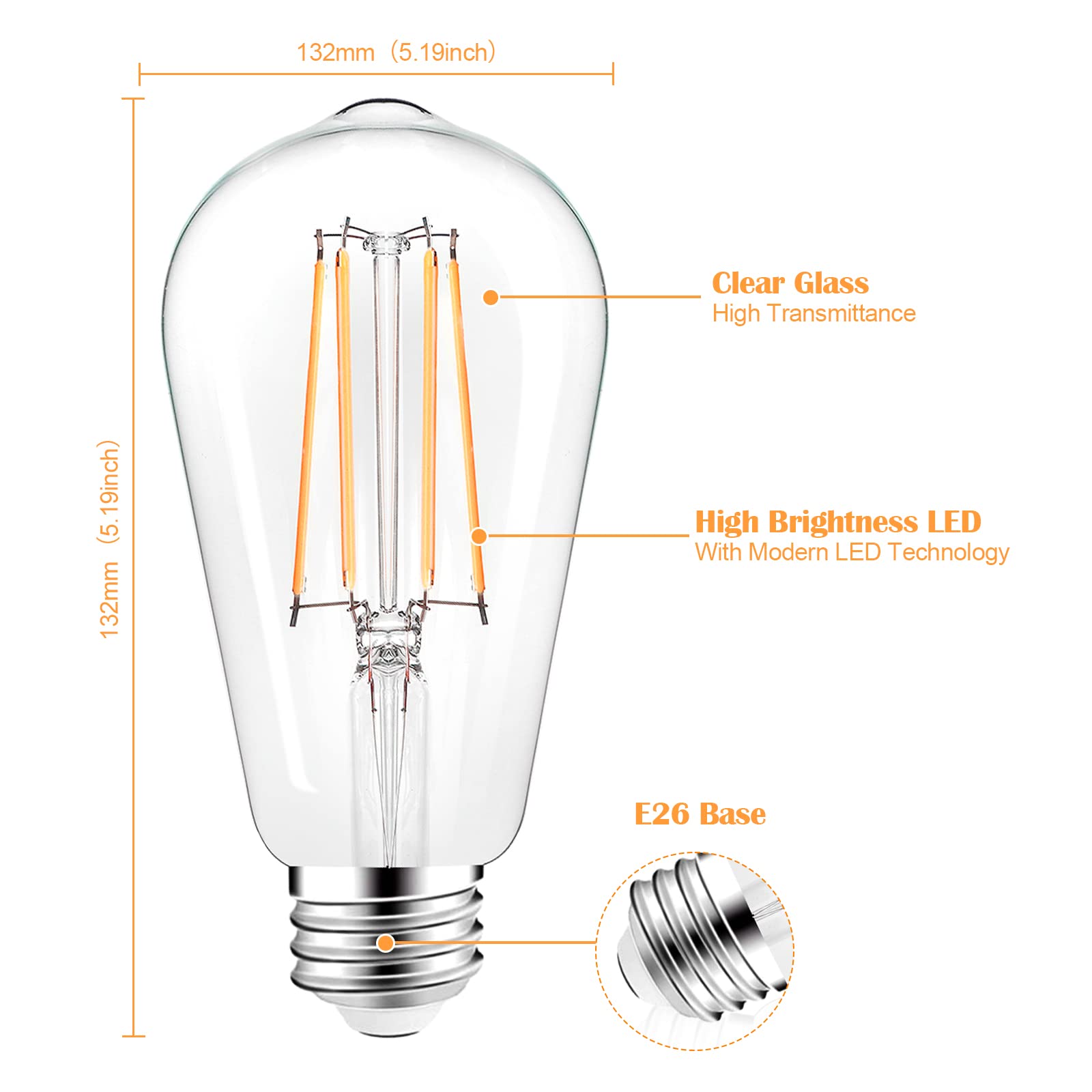 PARTPHONER LED Vintage Edison Bulbs, Dimmable, 60W Equivalent, Warm White 2700K, ST58, Clear Glass, Pack of 4