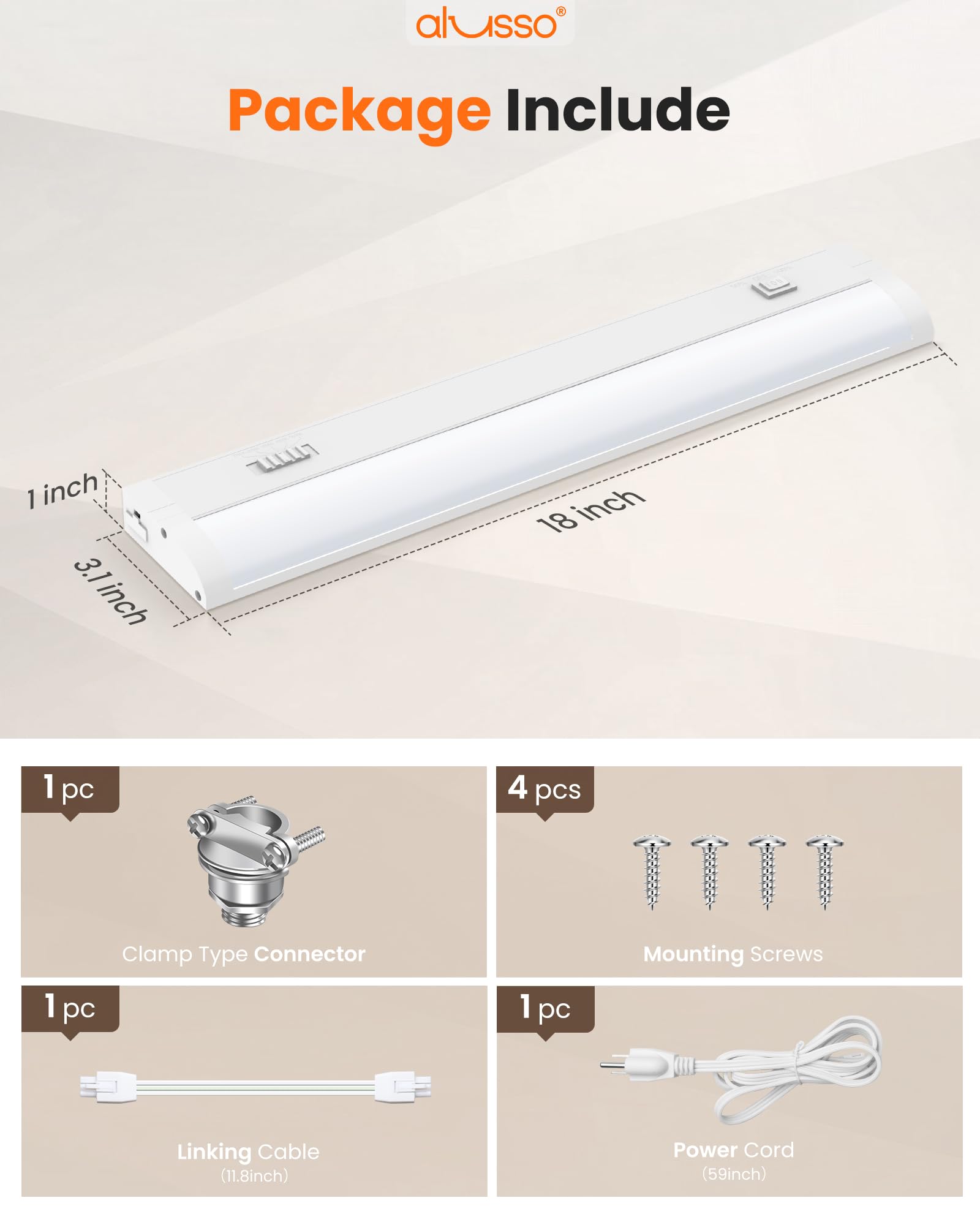Alusso Lighting?18 Inch Led Under Cabinet Lighting Hardwired & Plug In  5Cct Color Selectable 2700K-5000K Dimmable 10W 850Lm High Brightness  Linkable Strip Under Counter Lights For Kitchen  1 Pack