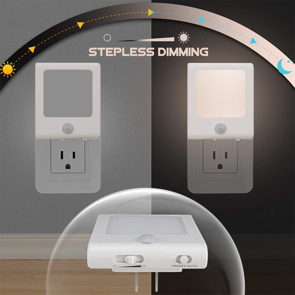 VINTAR Motion Sensor LED Night Light, Dimmable, Auto Dusk to Dawn, 3 Pack, Warm White