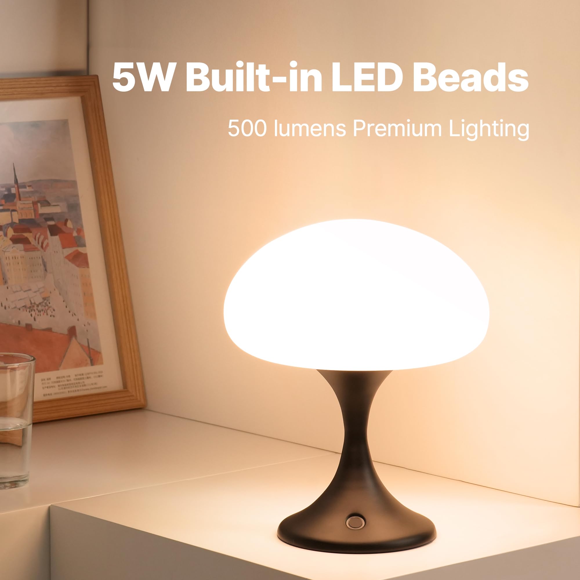 MAGCHARM Mushroom Lamp - 5W LED Cordless Glass Table Lamp, Dimmable Touch Light, 3 Color Temps, Retro Design, Black