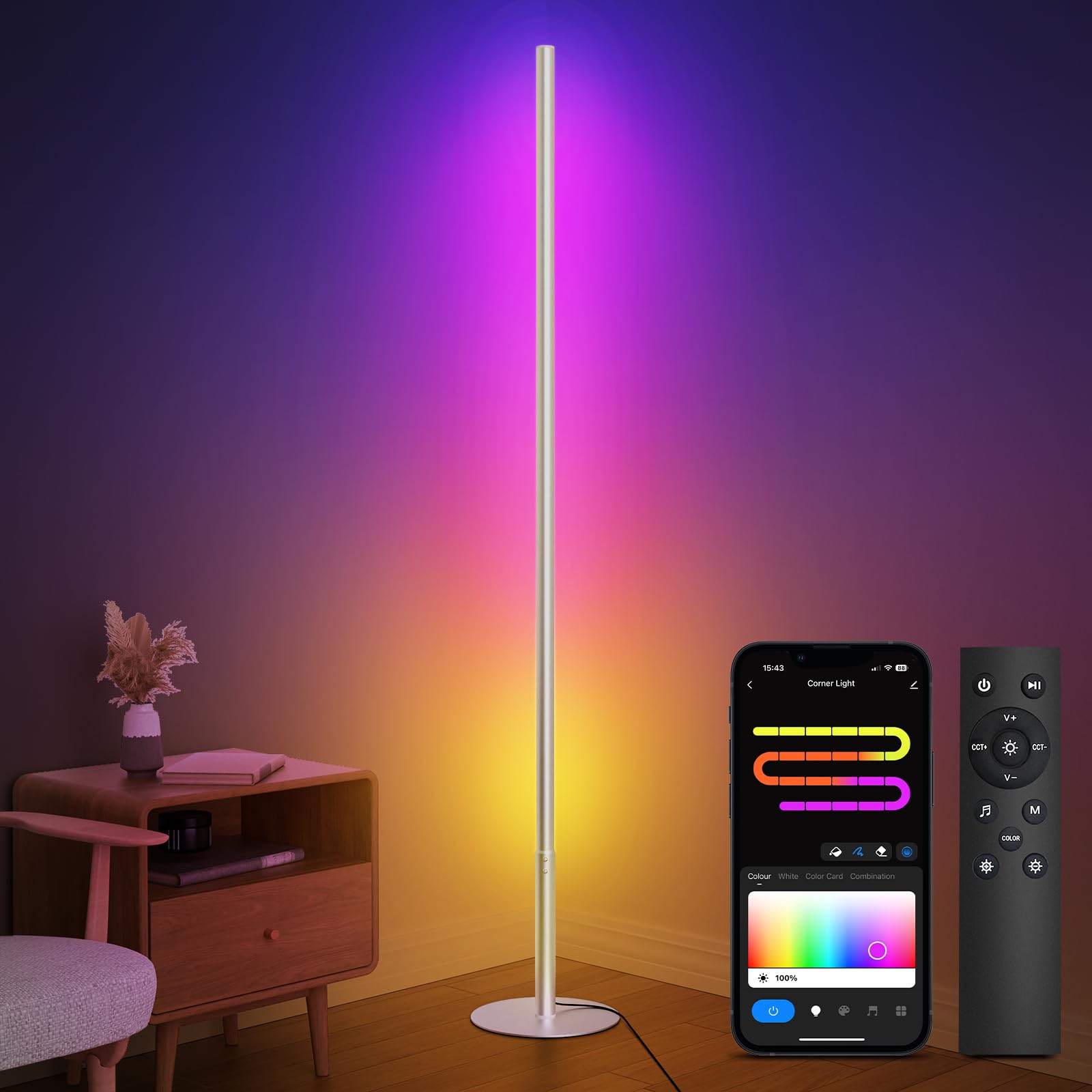 RGBW Floor Lamp, Smart LED Corner Lamp with WiFi APP Remote Control, Compatible with Alexa, 2700k-6500k Color Changing Standing 