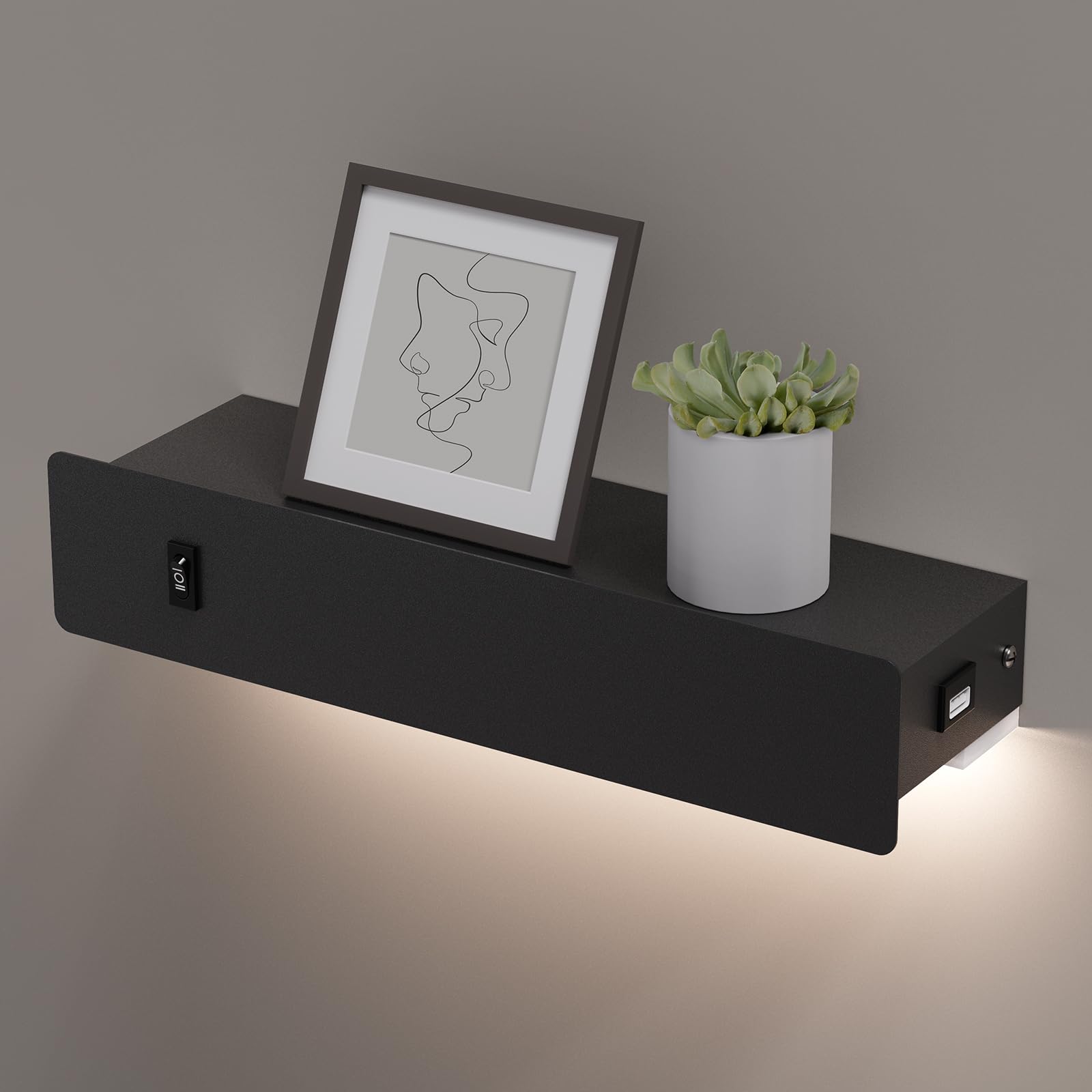 HYMELA M12 Black Wall Sconce with Shelf, Metal, USB Port, Motion Sensor, Hardwired or Plug-in, Modern Design for Living Room/Bedroom