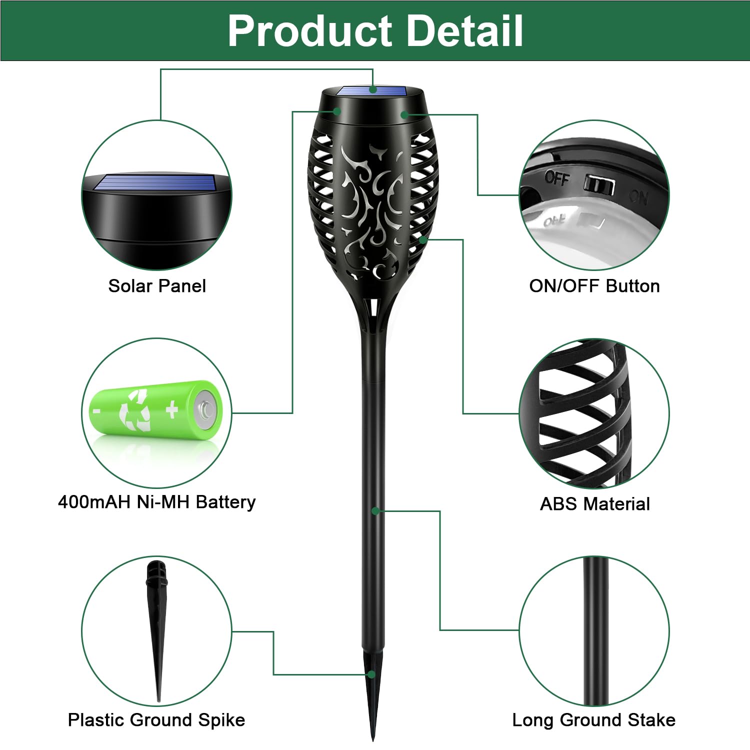 Mionsiden 8 Pack Solar Outdoor Lights - 12 LED Flickering Flame Tiki Torches for Garden, Yard, Patio - Waterproof Black Solar Lights