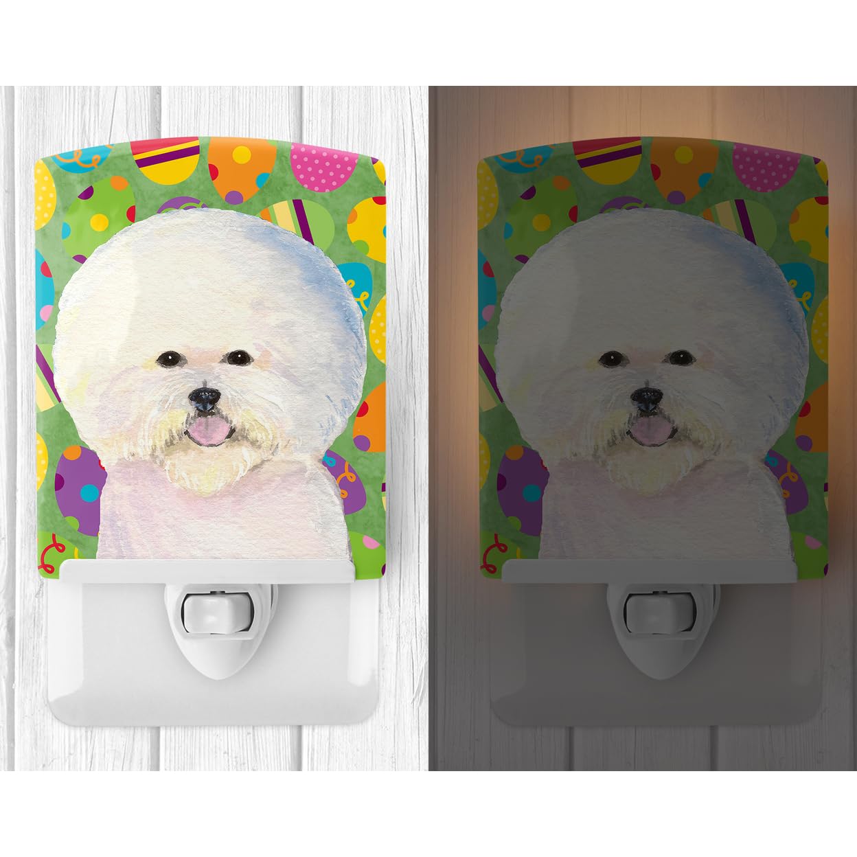 Caroline'S Treasures Ss4871Cnl Bichon Frise Easter Eggtravaganza Ceramic Night Light Compact, Ul-Certified, Ideal For Bedroom, Bathroom, Nursery, Hallway, Kitchen, 6X4X3, Multicolor