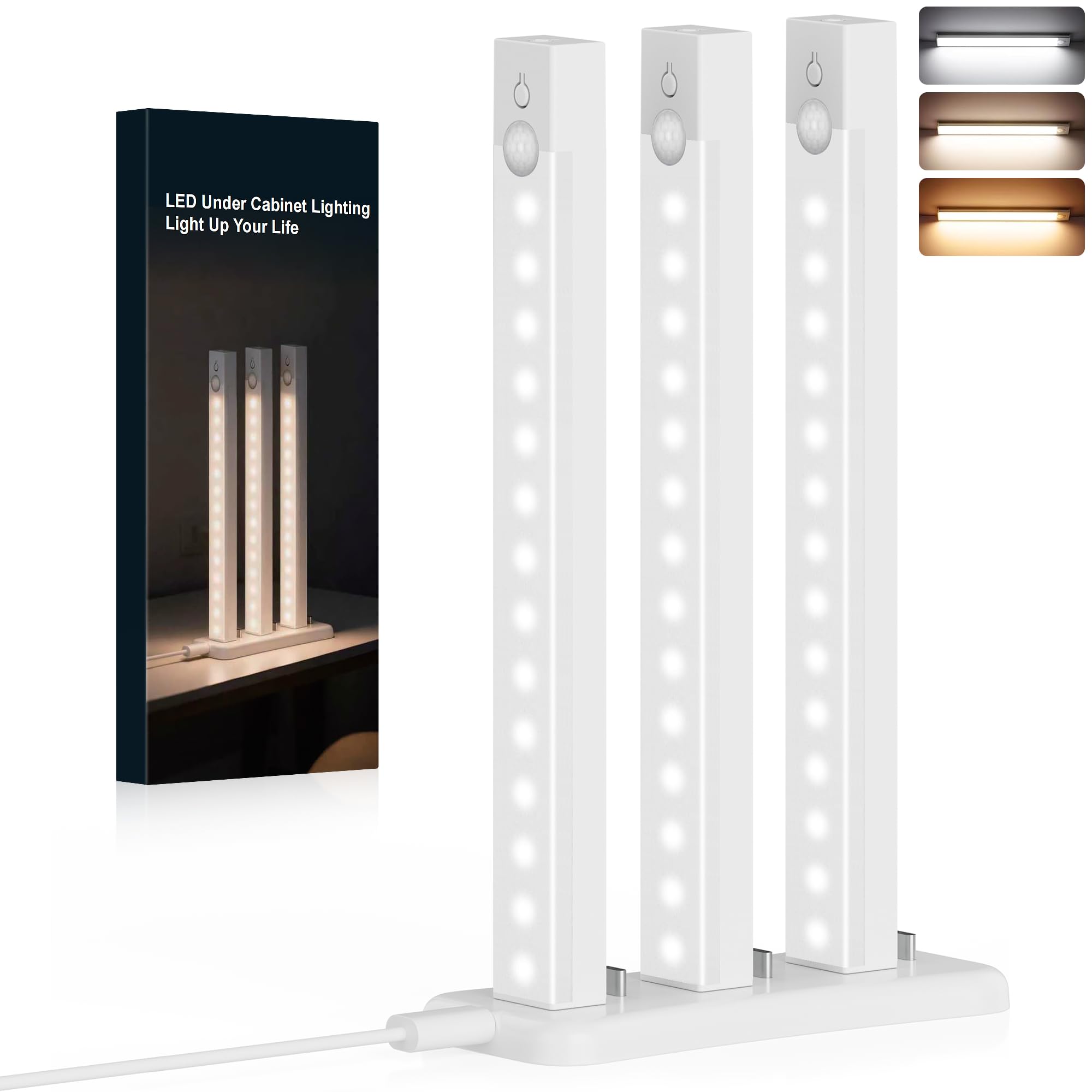 Rihvy 3-Pack Under Cabinet Lighting 8-Inch Rechargeable Motion Sensor Light Indoor 3 Color Dimmable Closet Light, USB Stick on L